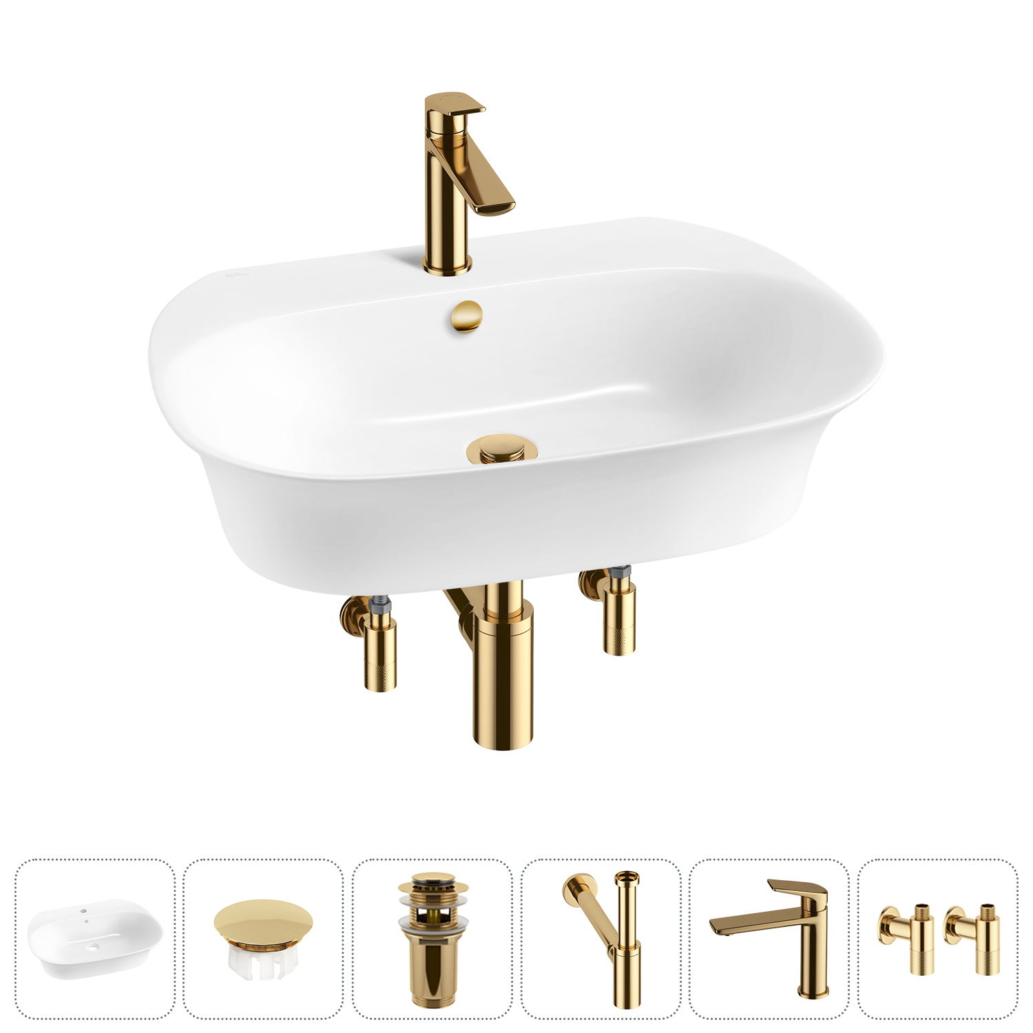 Изображение товара Раковина Wellsee excellence pro 20217180R 65см цвет раковина 6 в 1: заглушка на перелив, д/к, сифон, смеситель, вентили
