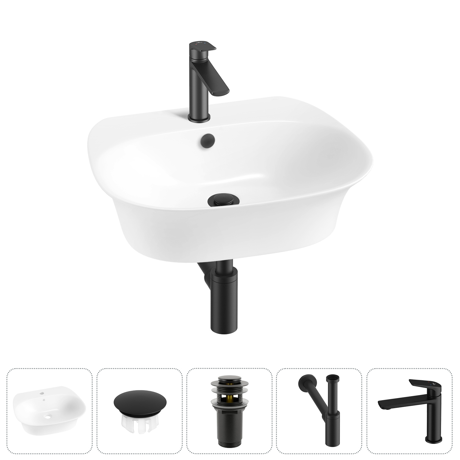Изображение товара Раковина Wellsee Excellence Pro 55 см с комплектом 5 в 1 черная