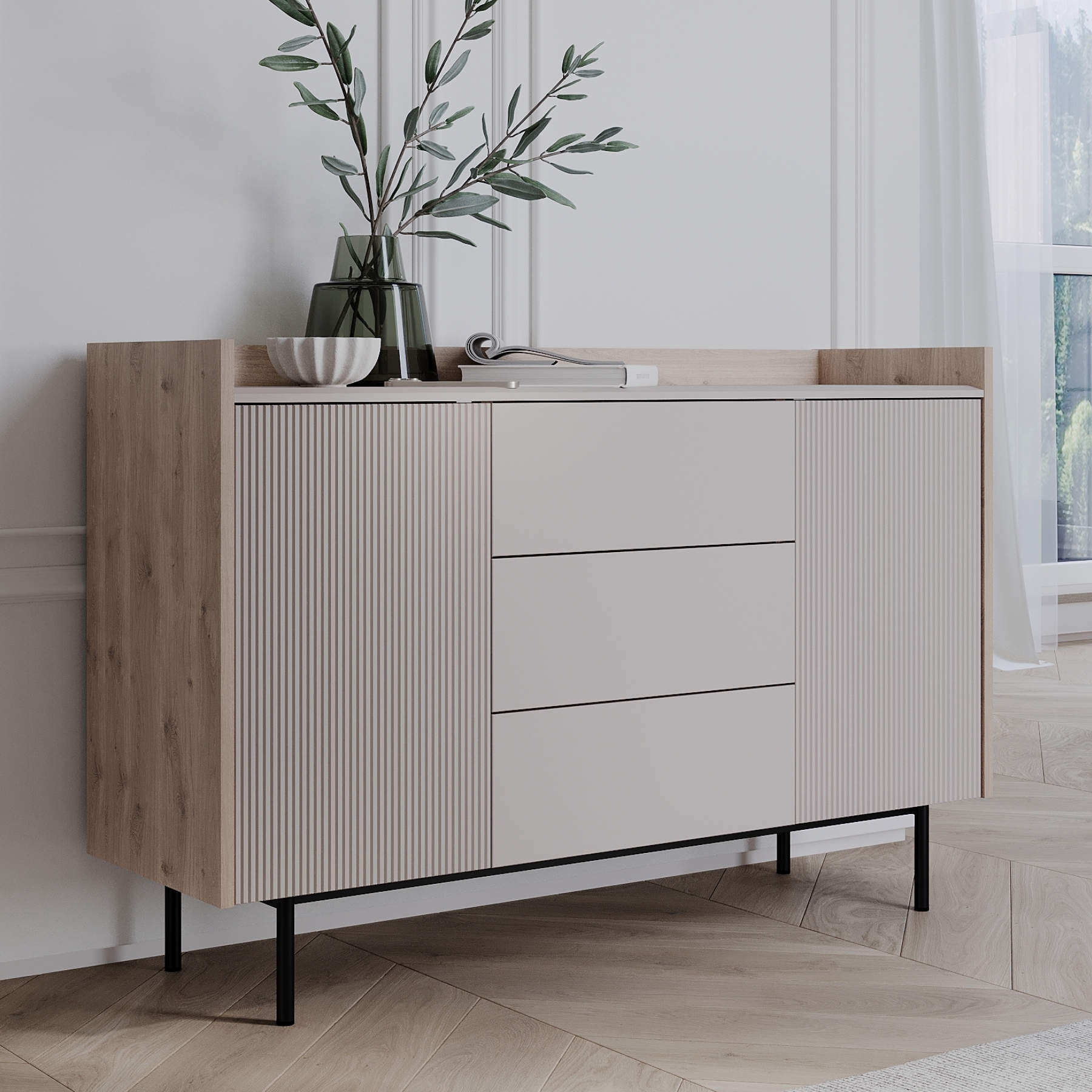 Изображение товара Комод Egregor Наоми 3 ящика с распашными дверцами и системой push-to-open