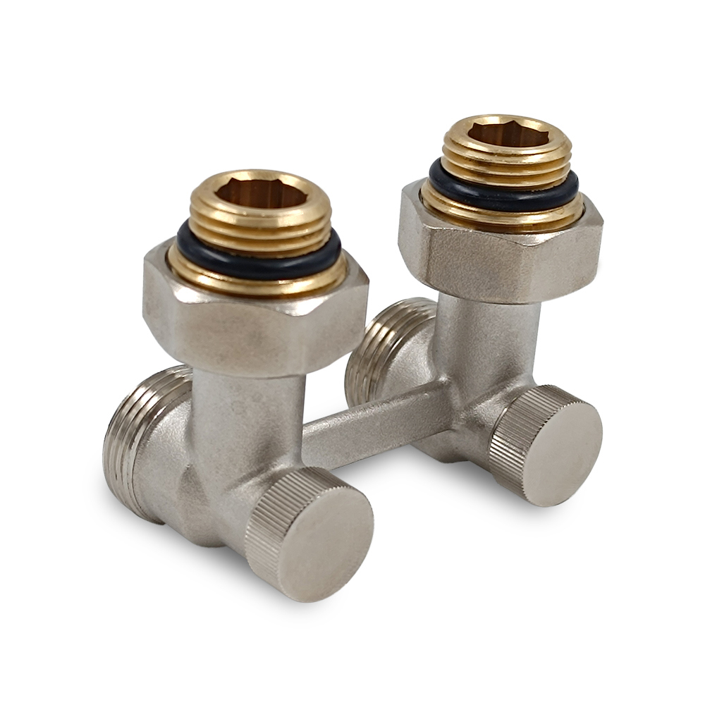 Изображение товара Угловой Н-образный клапан Primoclima Armature для нижнего подключения латунь никель 3/4"х1/2"