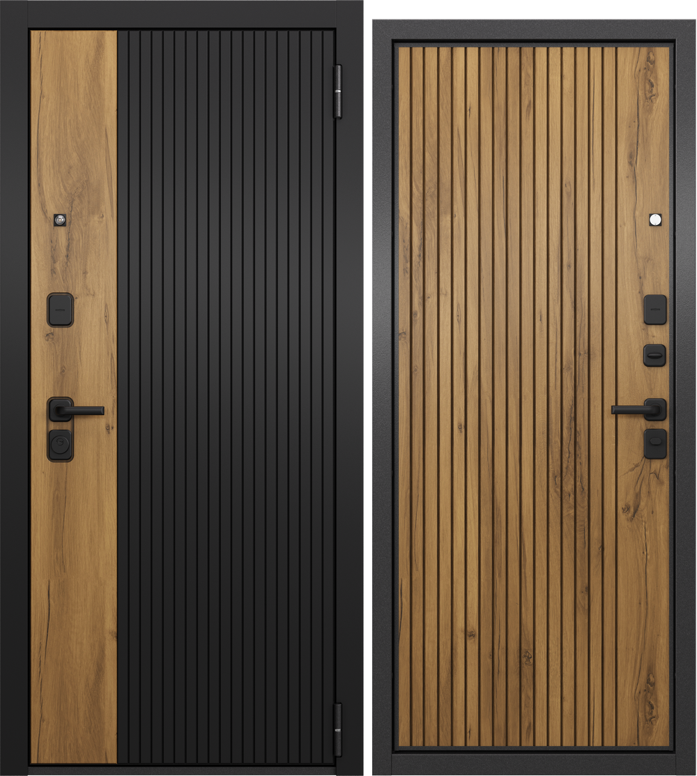 Изображение товара Входная дверь Эталон Trust Eco 401/161 правый 205x96см цвет черный матовый/антрацит букле/дуб галифакс медовый фурнитура черная