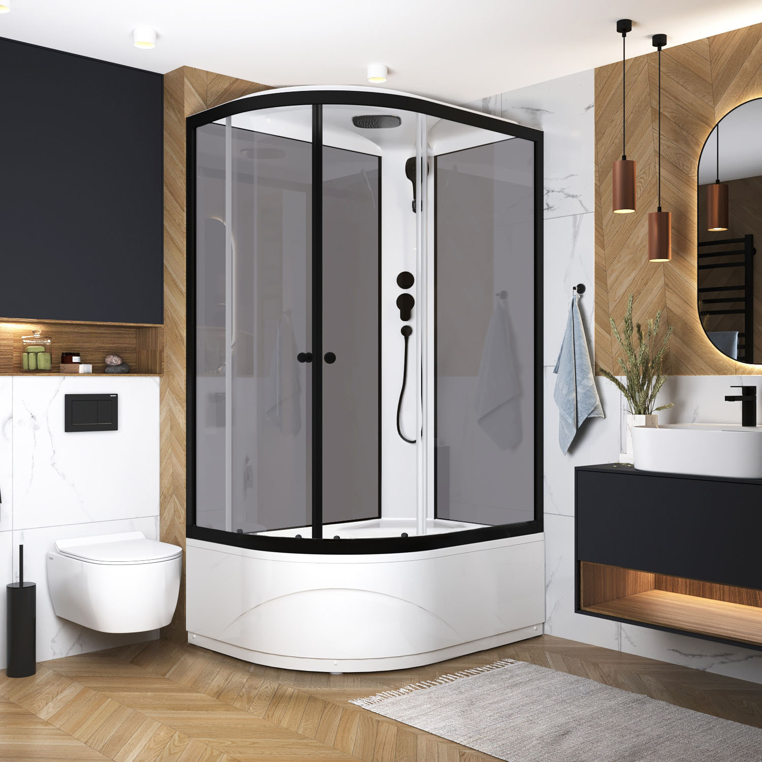 Изображение товара Душевая кабина Domani-Spa Delight Slim 128 high R 120x80x218 высокий поддон серые стенки, прозрачное стекло, графит профиль, Black accents