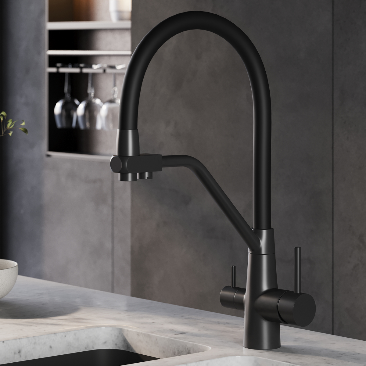 Изображение товара Смеситель для кухни Esko line EL_K102Tbs с гибким изливом и фильтром черный матовый