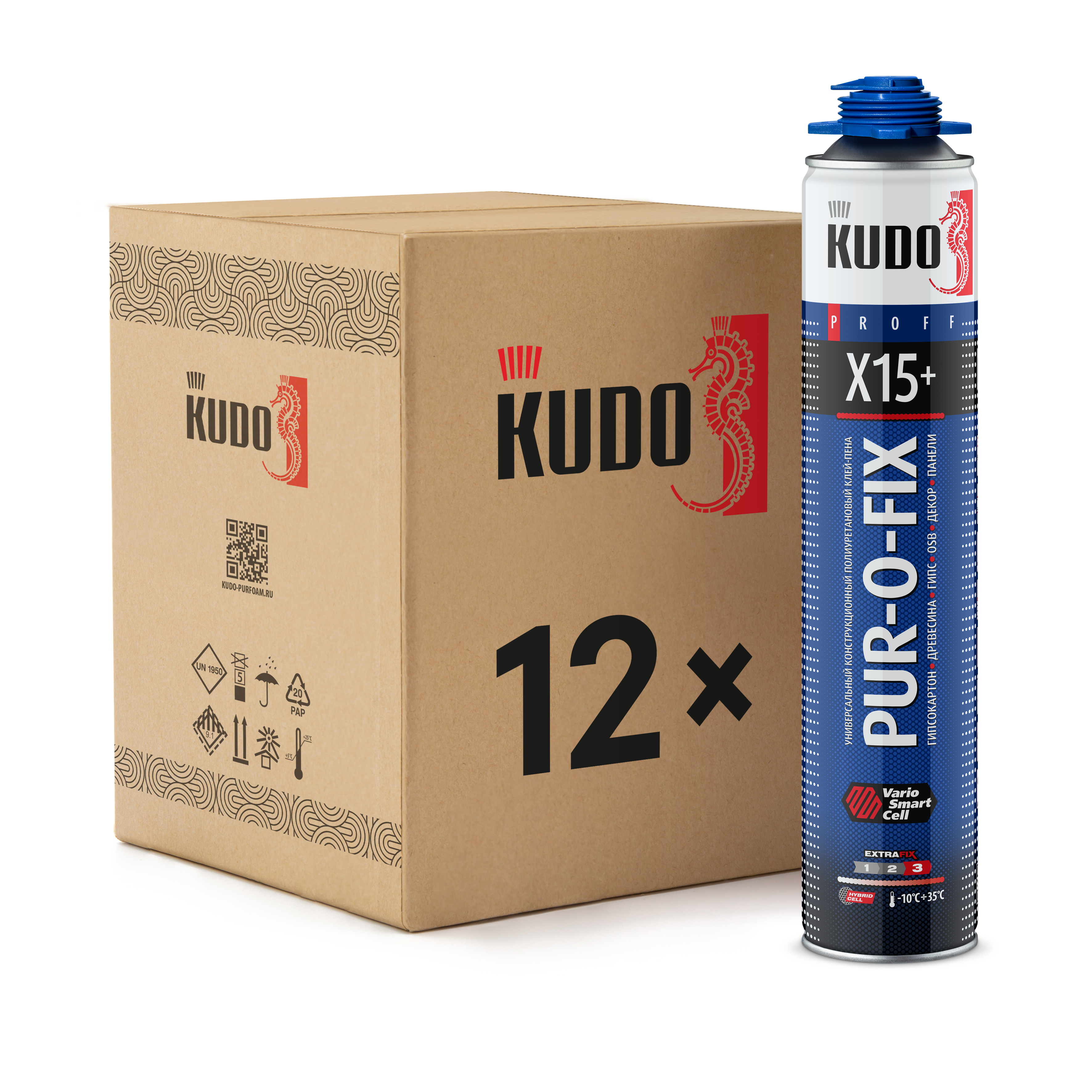 Изображение товара Профессиональный строительный клей-пена Kudo PUR-O-FIX X15+ для внутренних и наружных работ