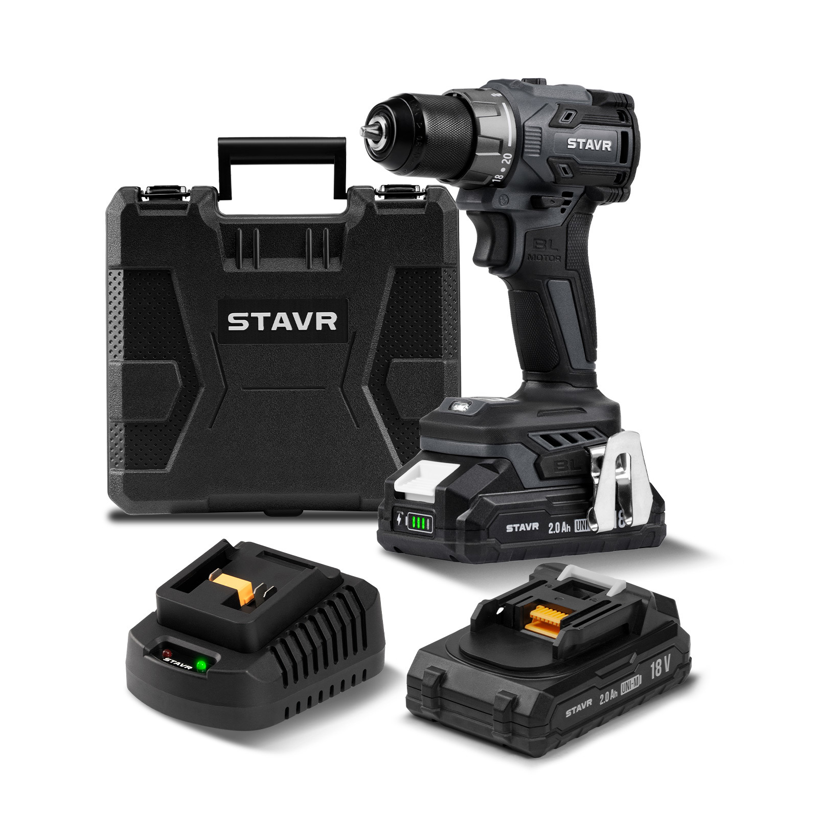 Изображение товара Дрель-шуруповерт аккумуляторная STAVR SDD 18BL-2К с двумя аккумуляторами