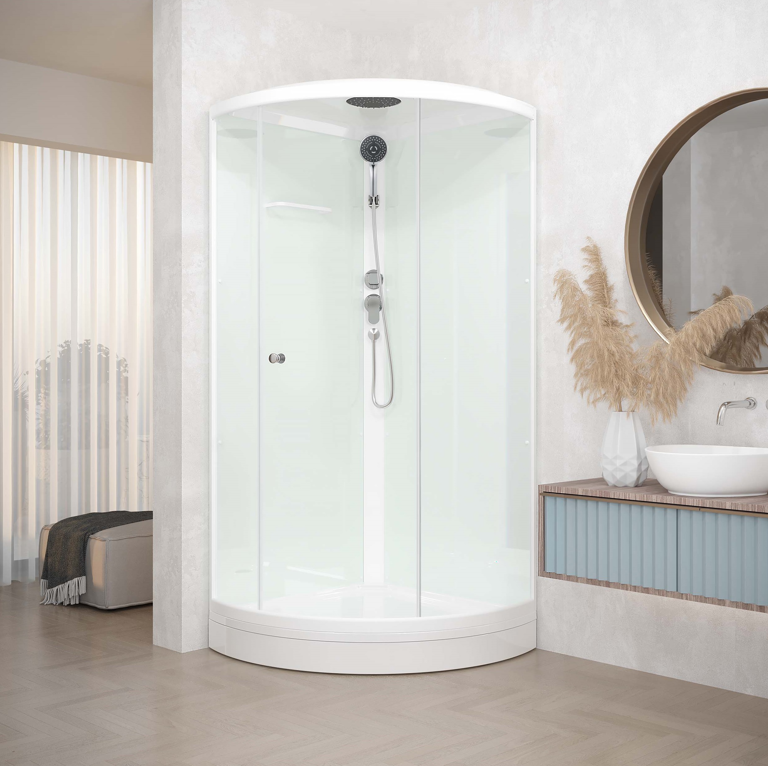 Изображение товара Душевая кабина Domani-Spa Simple 99 90x90x218 см 1/4 круга низкий поддон, белые стенки, прозрачное стекло