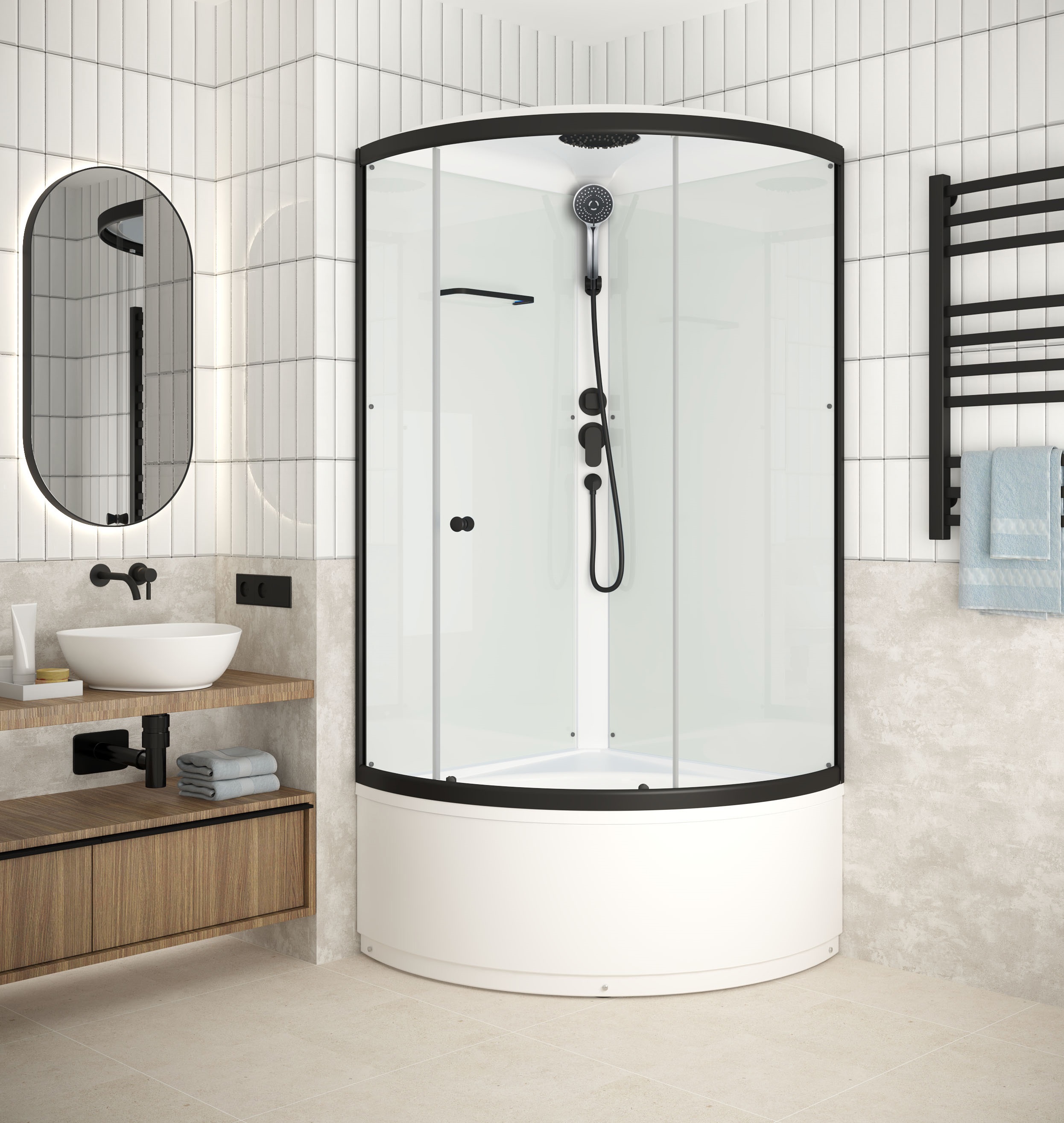 Изображение товара Душевая кабина Domani-Spa Simple 99 high 90x90x218 см 1/4 круга высокий поддон, белые стенки, прозрачное стекло, черный профиль