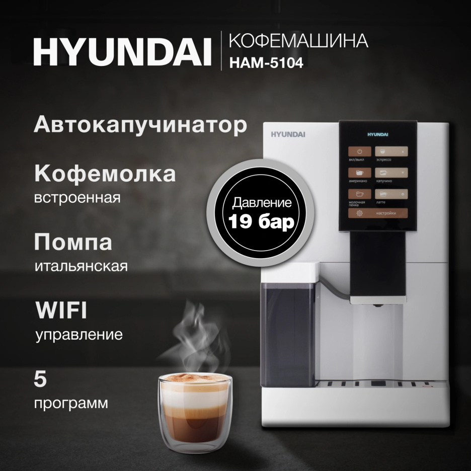 Изображение товара Кофемашина Hyundai HAM-5104 1500Вт белая компактная для эспрессо