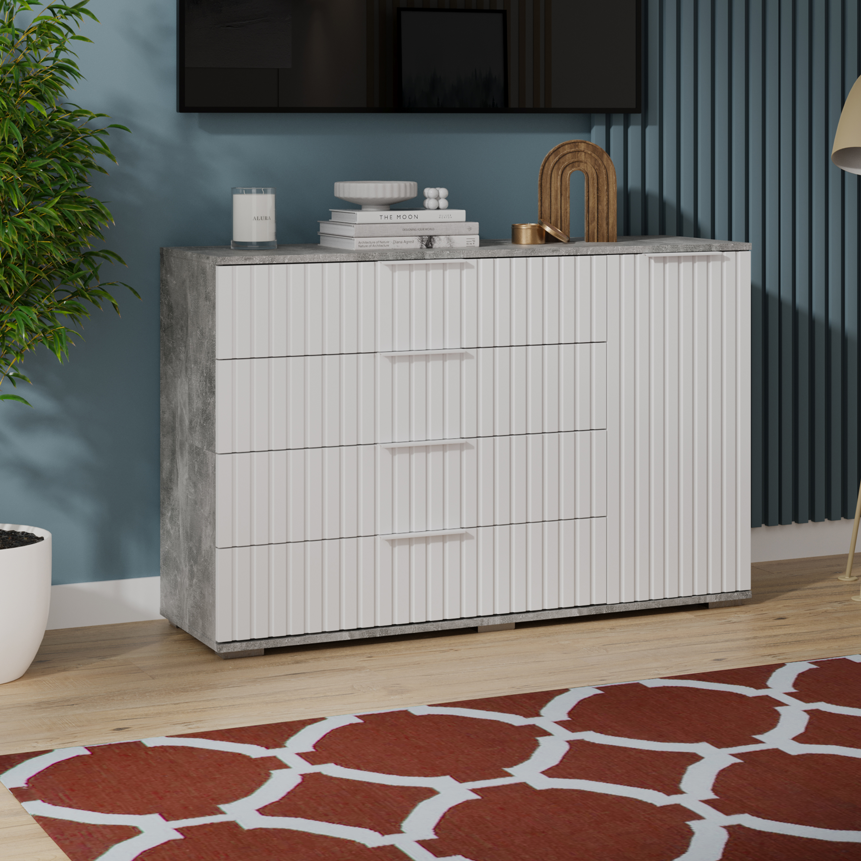 Изображение товара Комод Трия xилтон 4 ящика 129x41x84 см ЛДСП цвет ателье светлый/белый матовый