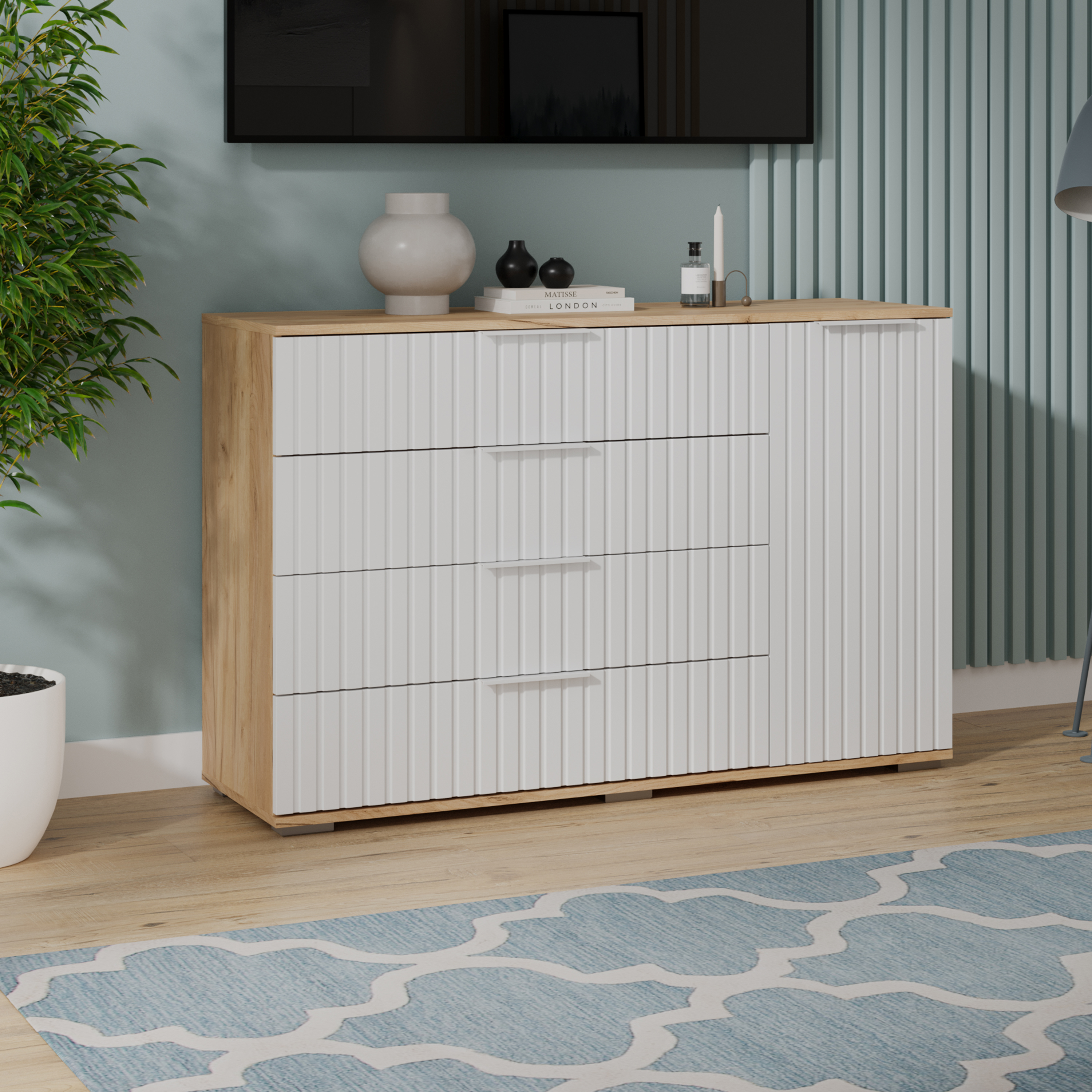 Изображение товара Комод Трия xилтон 4 ящика 129x41x84 см ЛДСП цвет дуб крафт золотой/белый матовый