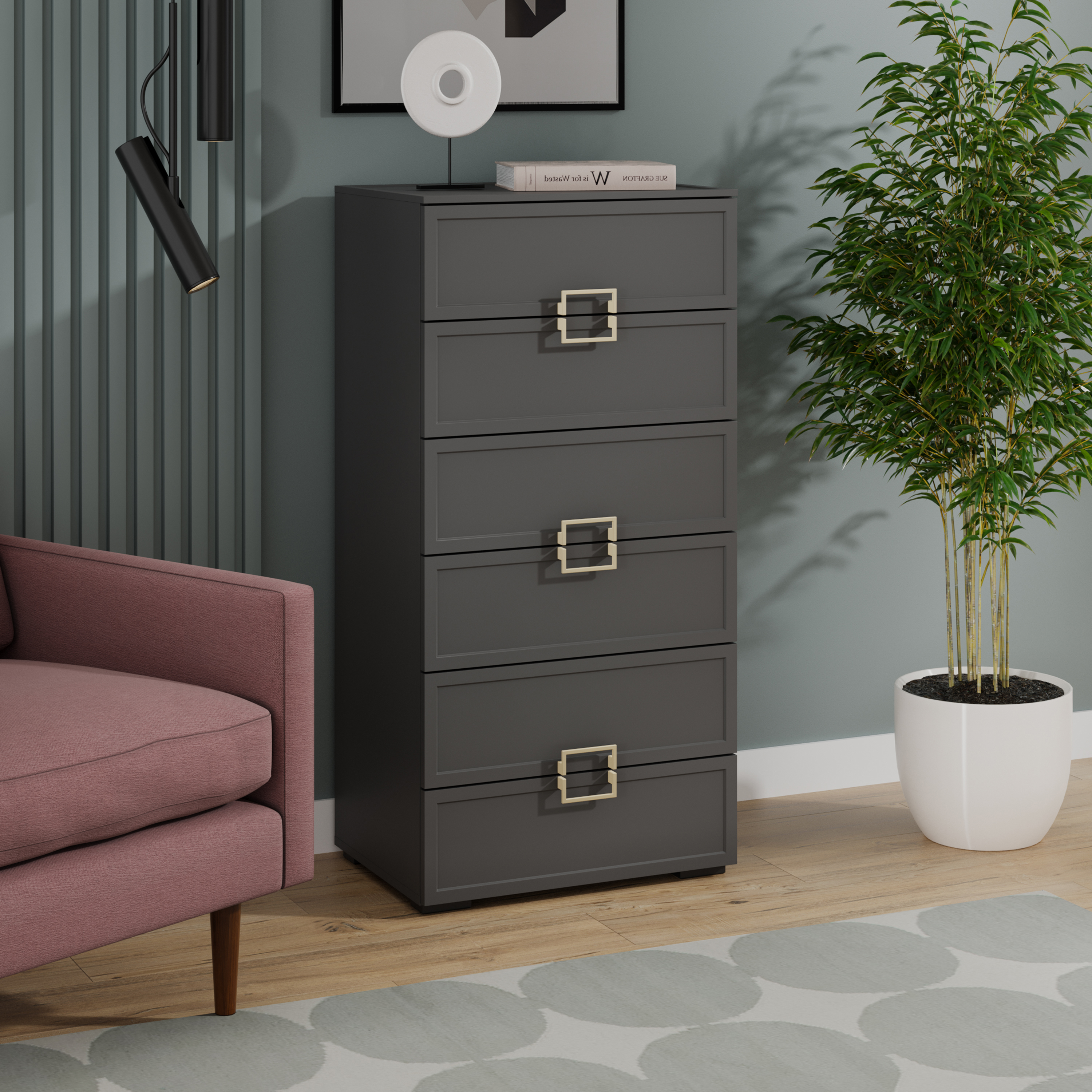 Изображение товара Комод Трия Стелла 6 ящиков 60x43x122 см ЛДСП цвет серый вулкан/фон серый