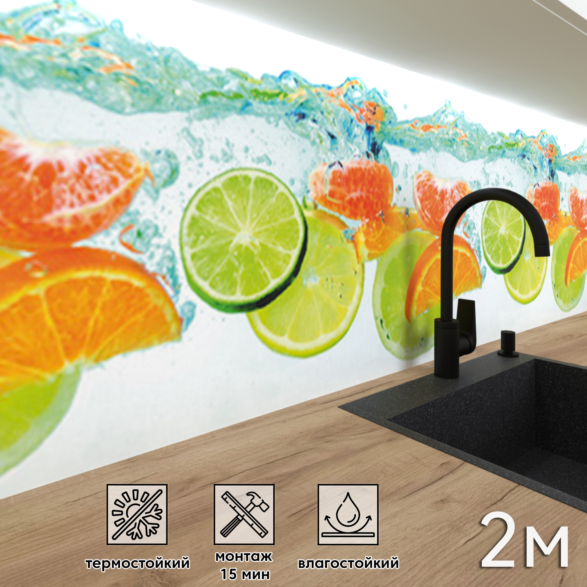 Изображение товара Стеновая панель Фартукофф Фрукты в воде 200x60x0.15 см ПВХ цвет зеленый/оранжевый/голубой