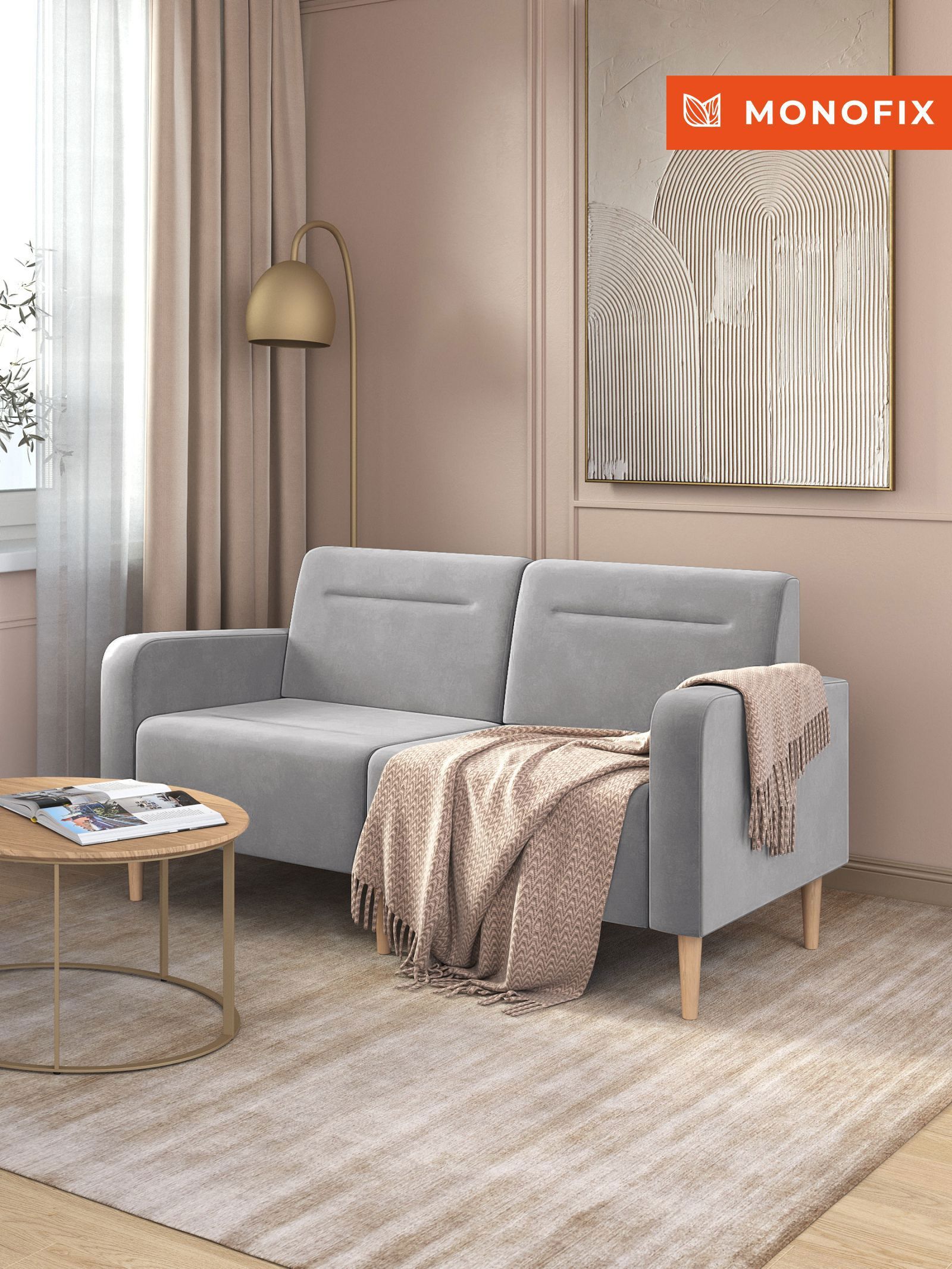 Изображение товара Диван прямой Monofix Фоксет велюр светло-серый 162x82.5x72 см