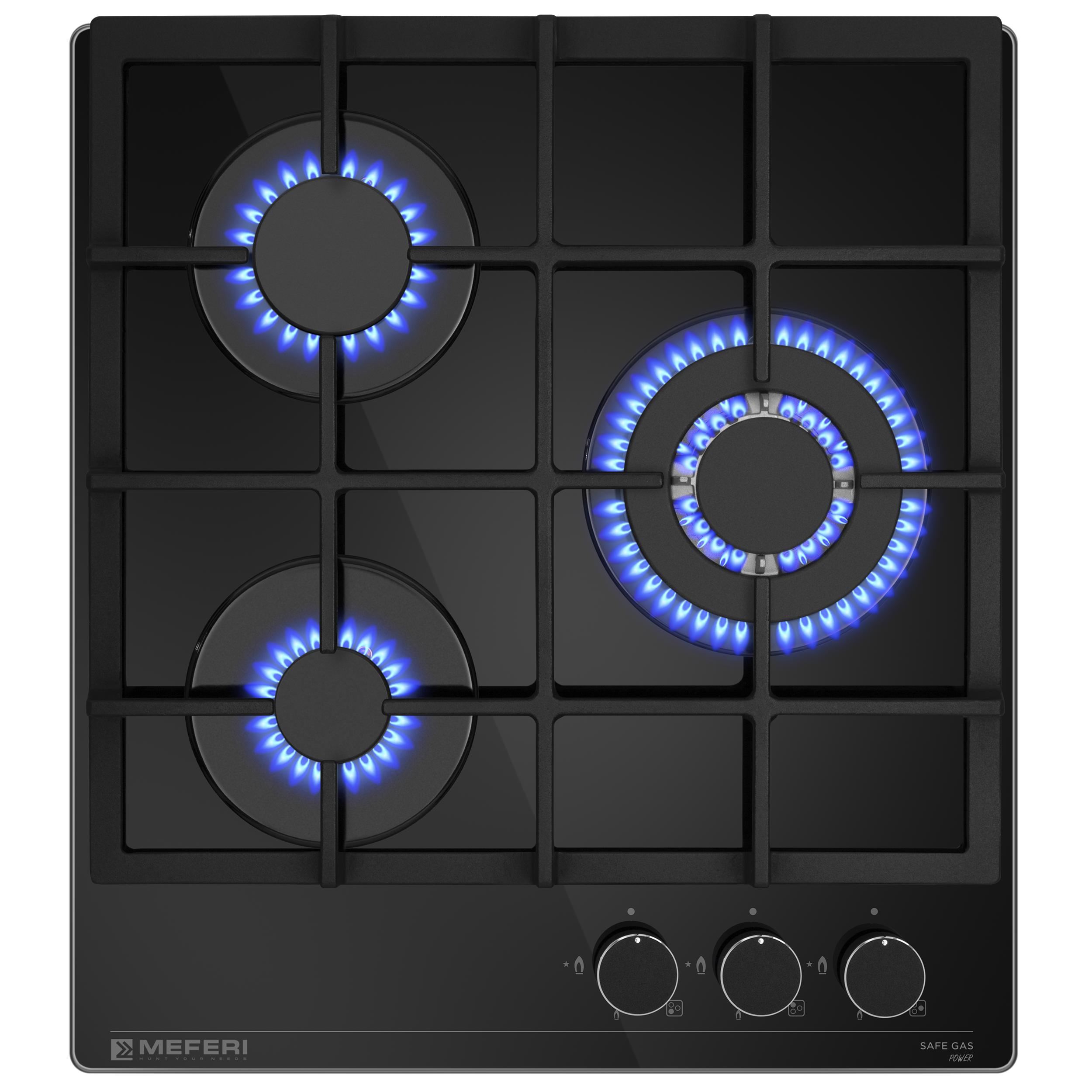 Изображение товара Газовая варочная панель Meferi MGH453BK GLASS POWER 44 см 3 конфорки цвет черный