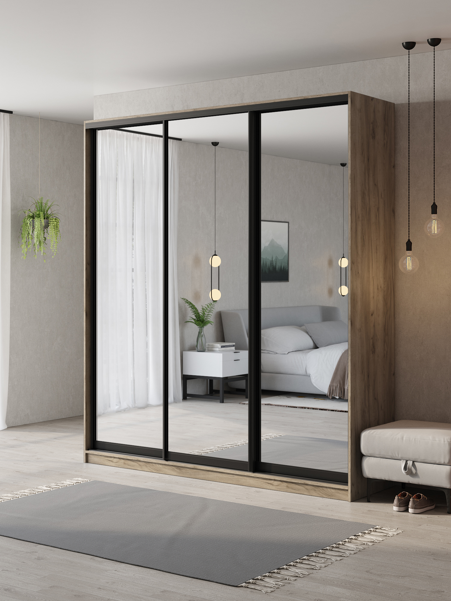 Изображение товара Шкаф-купе Клевер Атина 3 двери 230x240x45 см с зеркалом дуб крафт серый