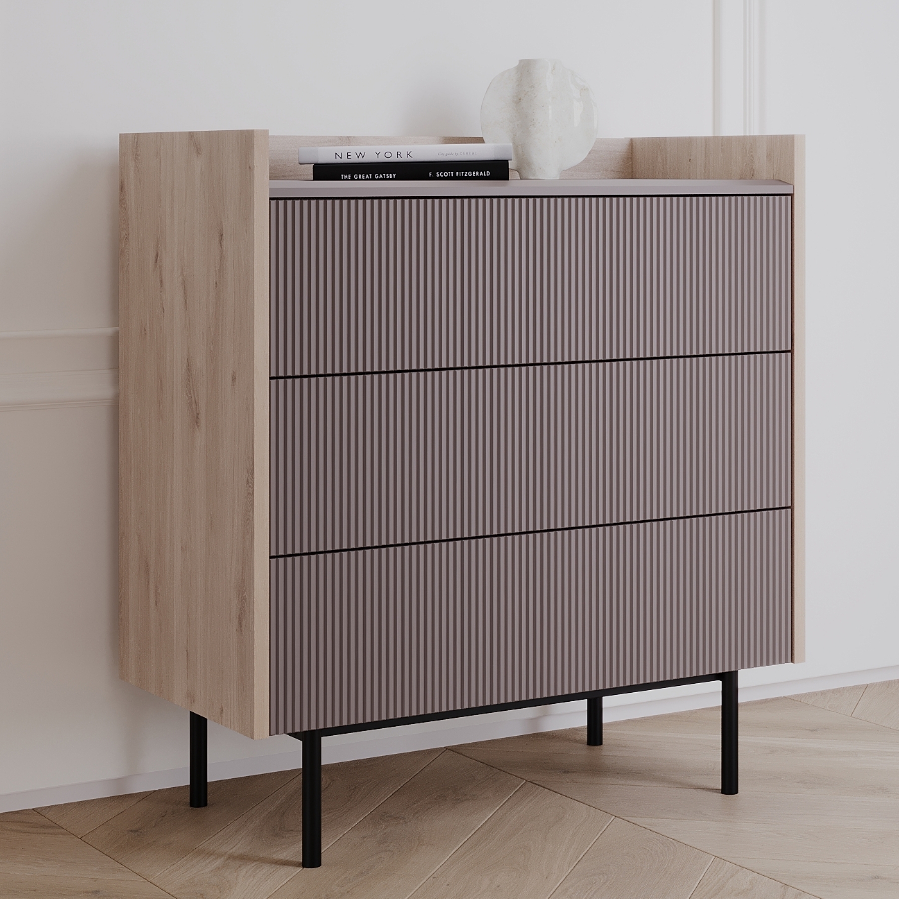 Изображение товара Комод Egregor Наоми 3 ящика 70х36.5х76.8 см ЛДСП цвет дуб белый exclusive/веллюто капучино