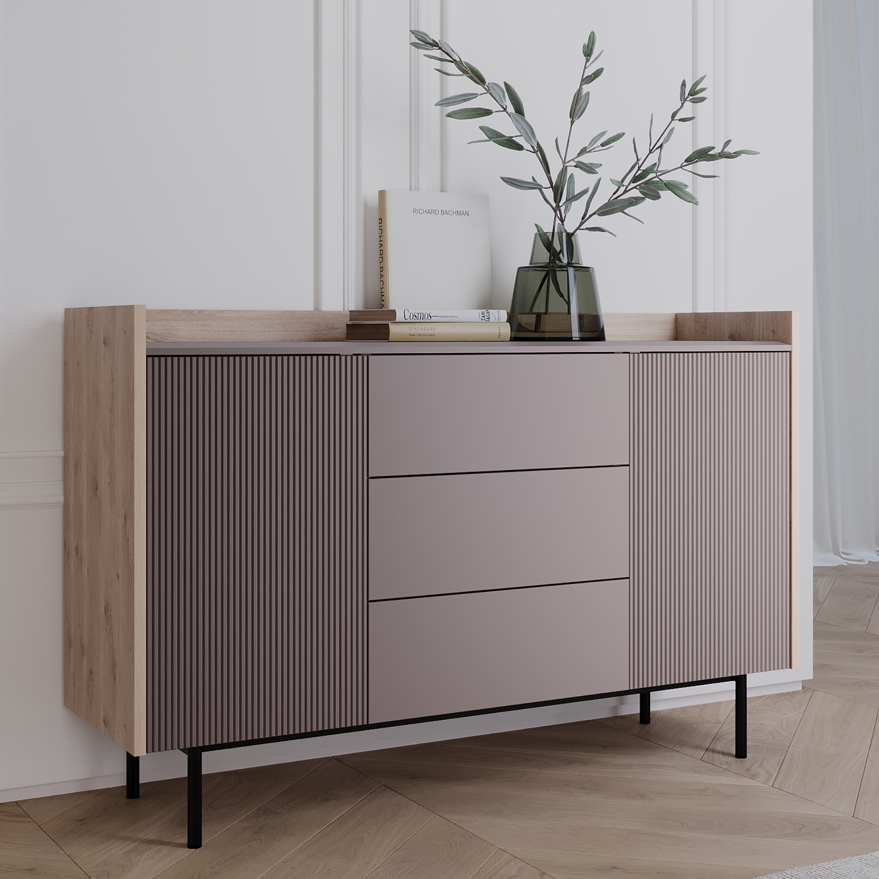 Изображение товара Комод Egregor Наоми 3 ящика, современный дизайн, белый дуб & капучино