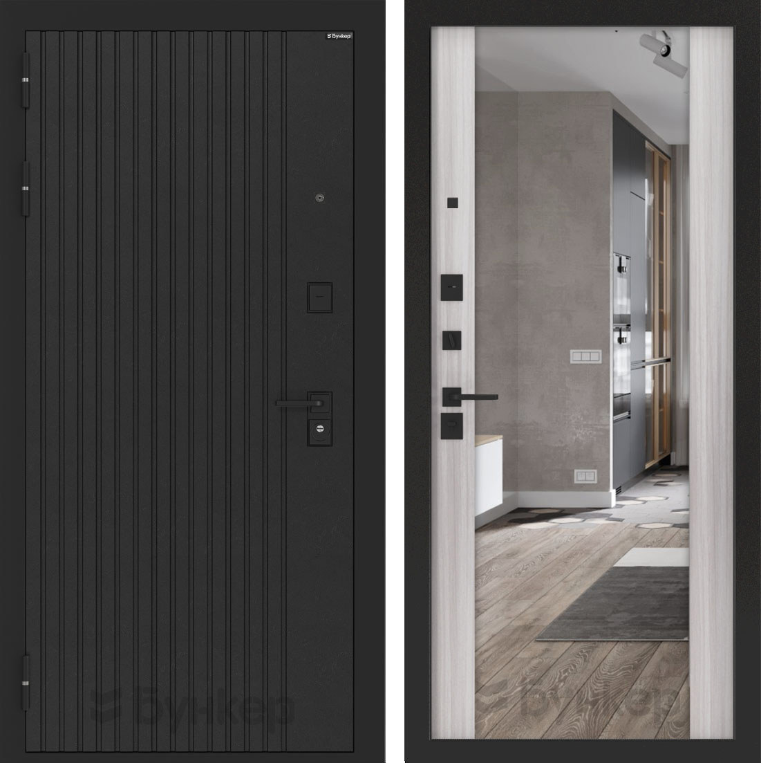 Изображение товара Входная дверь Лабиринт Бункер 06 левый 205x88см цвет черный кварц/сандал белый с зеркалом ФЛЗ-1