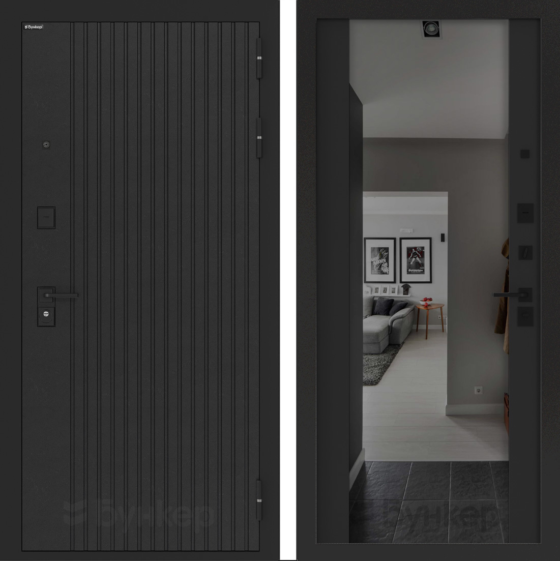 Изображение товара Входная дверь Лабиринт Бункер 06 правый 205x88см цвет черный кварц/черный кварц с зеркалом ФЛЗ-1