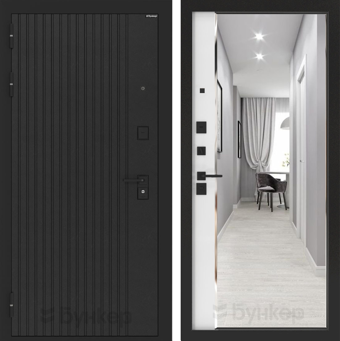 Изображение товара Входная дверь Лабиринт Бункер 06 левый 205x88см цвет черный кварц/белый софт с зеркалом Панорама