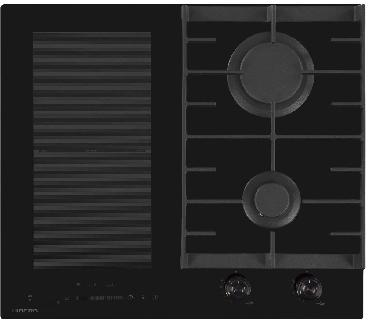 Изображение товара Комбинированная варочная панель Hiberg 4 конфорки черный стеклокерамика индукция и газ