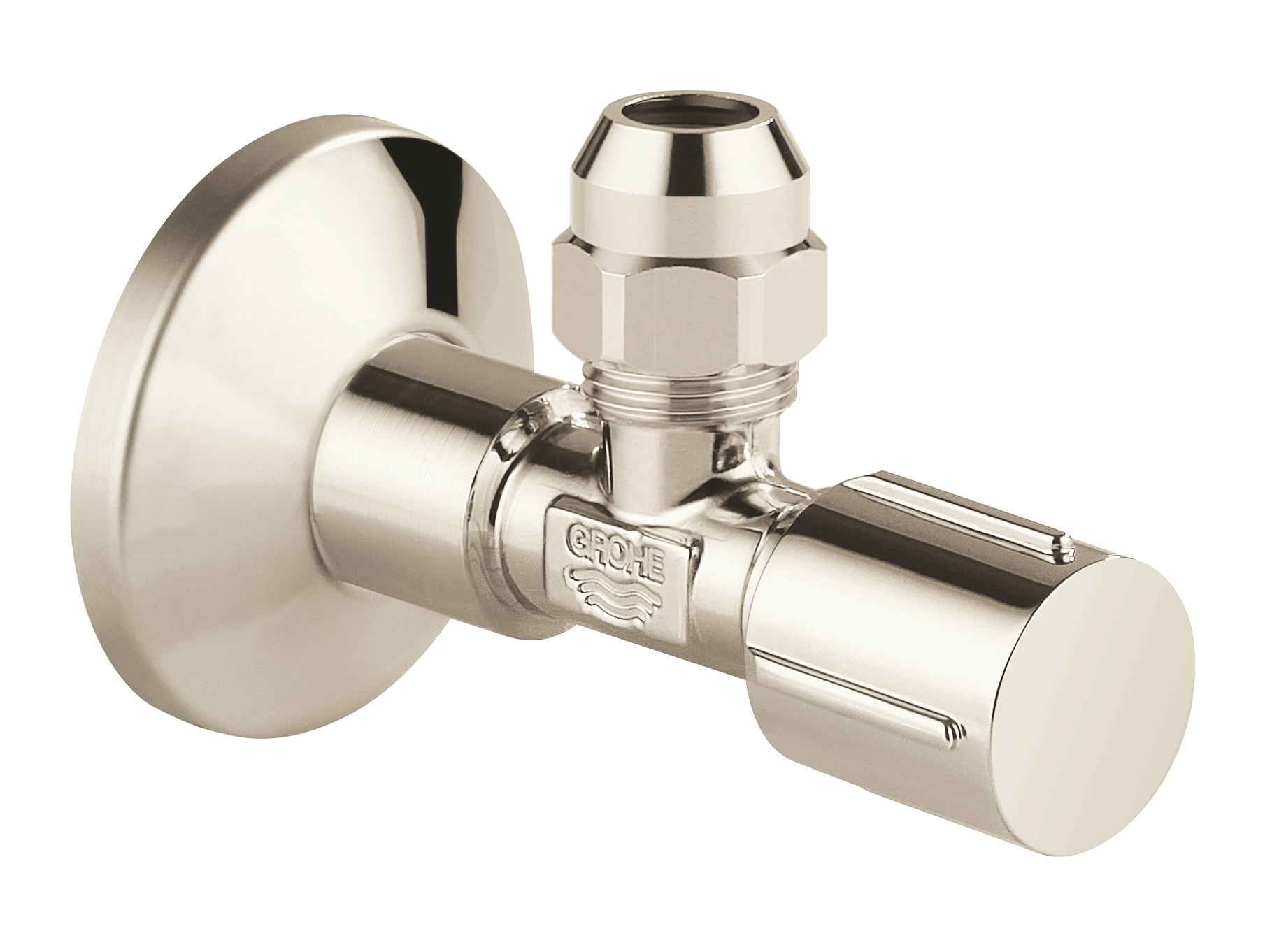 Изображение товара Вентиль угловой Grohe 1/2 дюйма-3/8 дюйма никель глянец 22039BE0 Изображение товара Вентиль угловой Grohe 1/2 дюйма-3/8 дюйма никель глянец 22039BE0