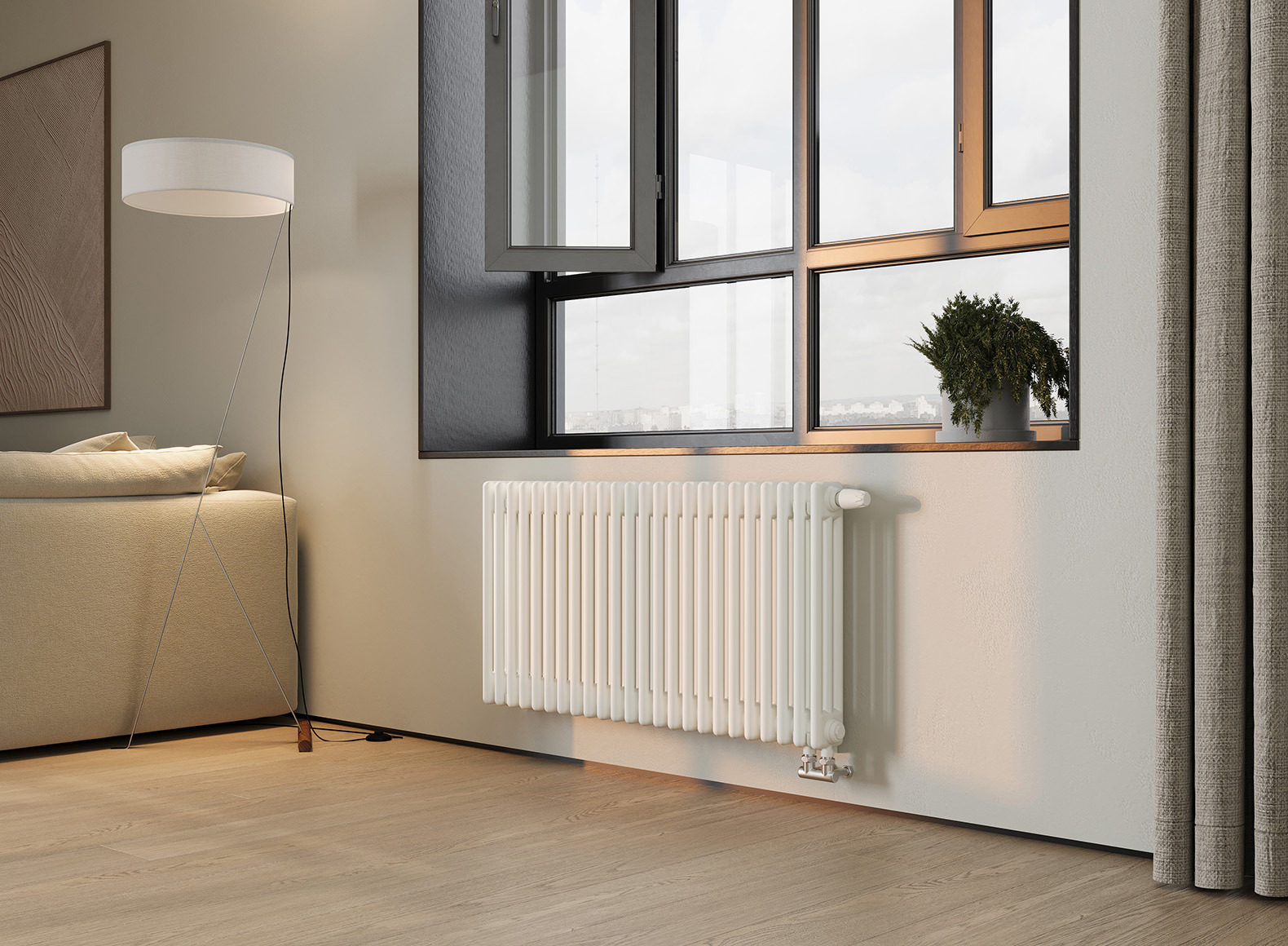 Изображение товара Горизонтальный трубчатый радиатор Nova Siluet NS-T2 570 6 BV R9010M 570x290 мм 6 секций нижнее подключение с вентилем стальной белый цвет