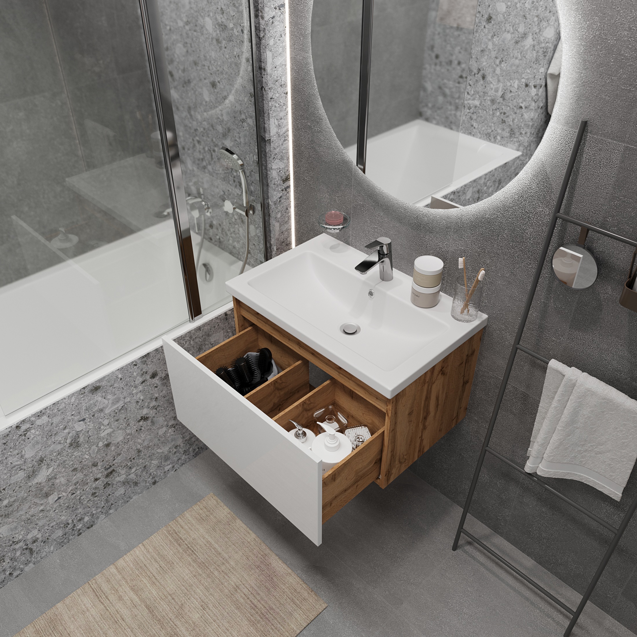 Изображение товара Тумба с раковиной в ванную 1Marka Aris mini 70 см белый дуб Вотан