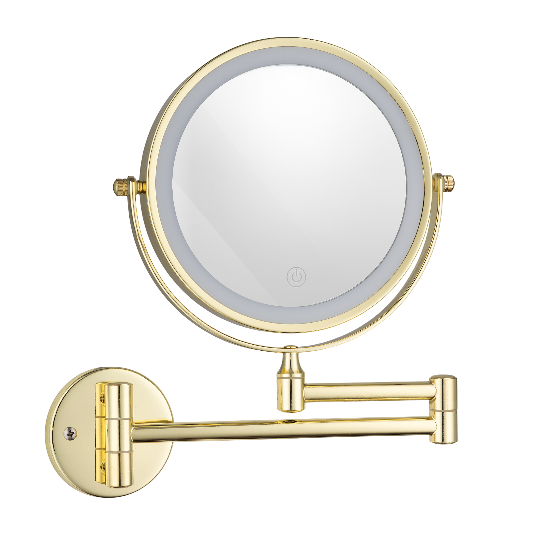 Изображение товара Зеркало косметическое настенное Miamark 23017529GL двухстороннее с LED подсветкой, сенсорное, с увеличительным эффектом 3Х цвет глянцевое золото