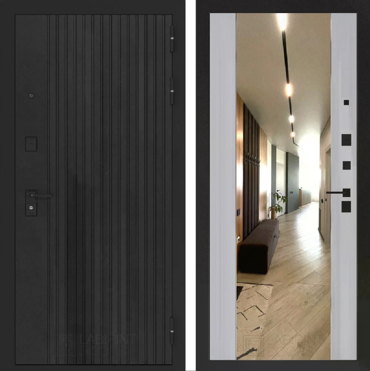 Изображение товара Входная дверь Лабиринт Бункер 06 правый 205x96см цвет черный кварц/серый софт рельеф с зеркалом ФЛЗ-1