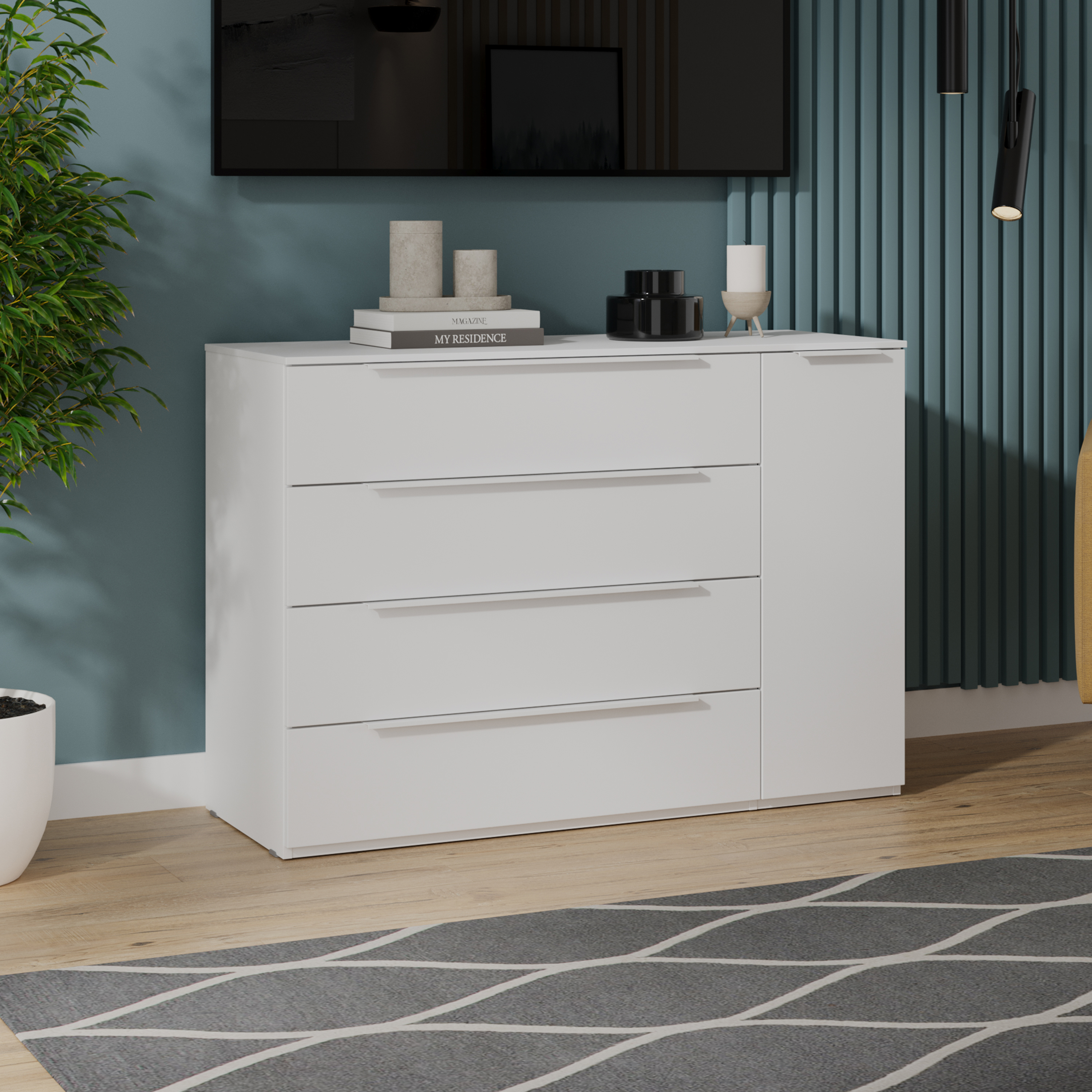 Изображение товара Комод Трия 247095 4 ящика 112x45x84 см ЛДСП цвет белый жемчуг/белый софт