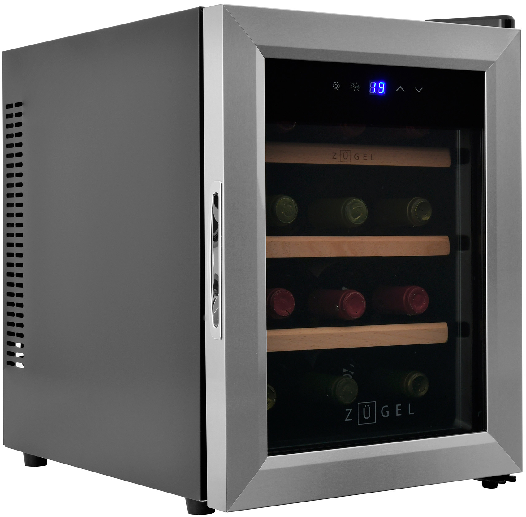Изображение товара Винный шкаф ZUGEL ZTWF121B 12 бутылок черный нержавеющая сталь термоэлектрическая система