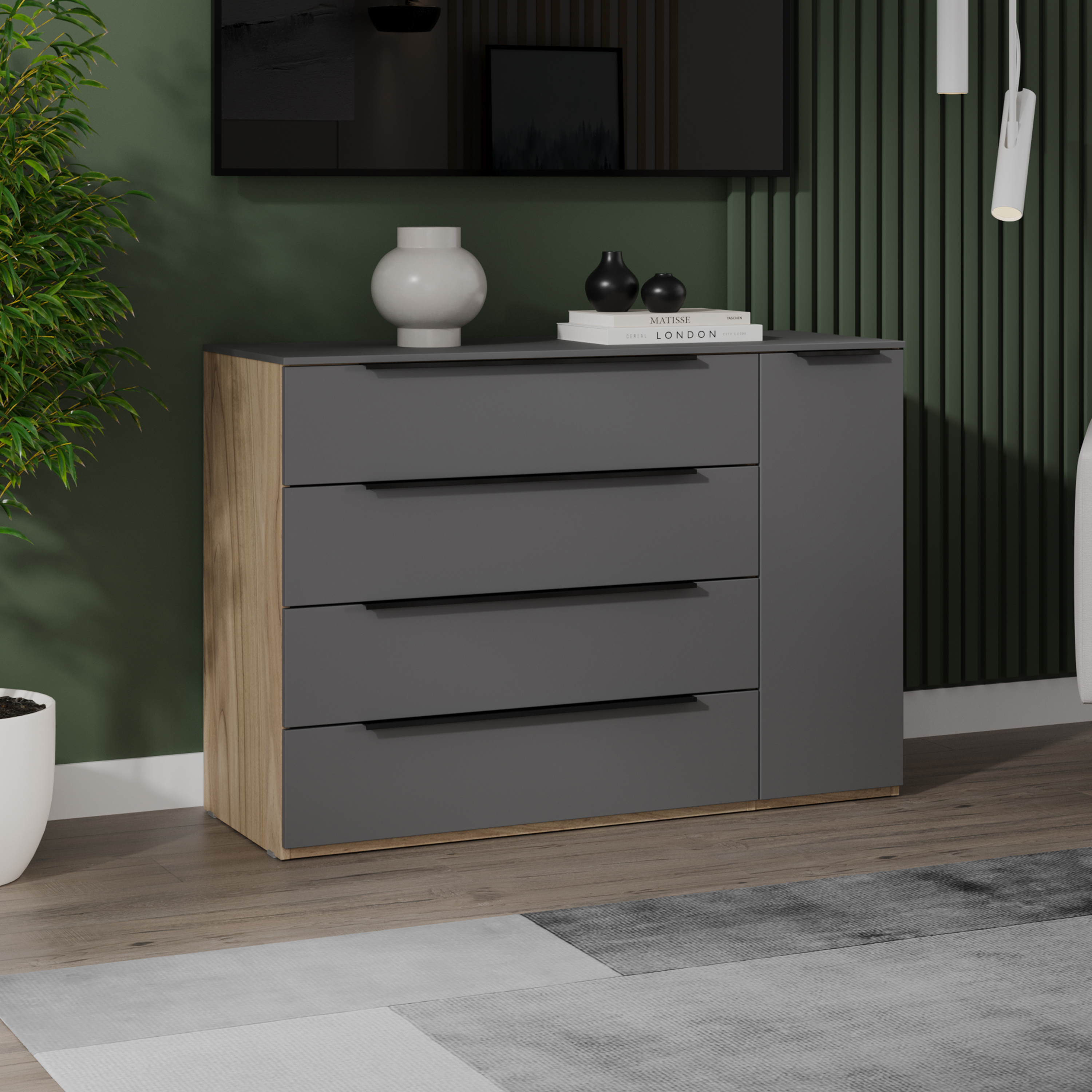 Изображение товара Комод Трия 247096 с 4 ящиками современный стиль цвет Яблоня Беллуно Графит софт