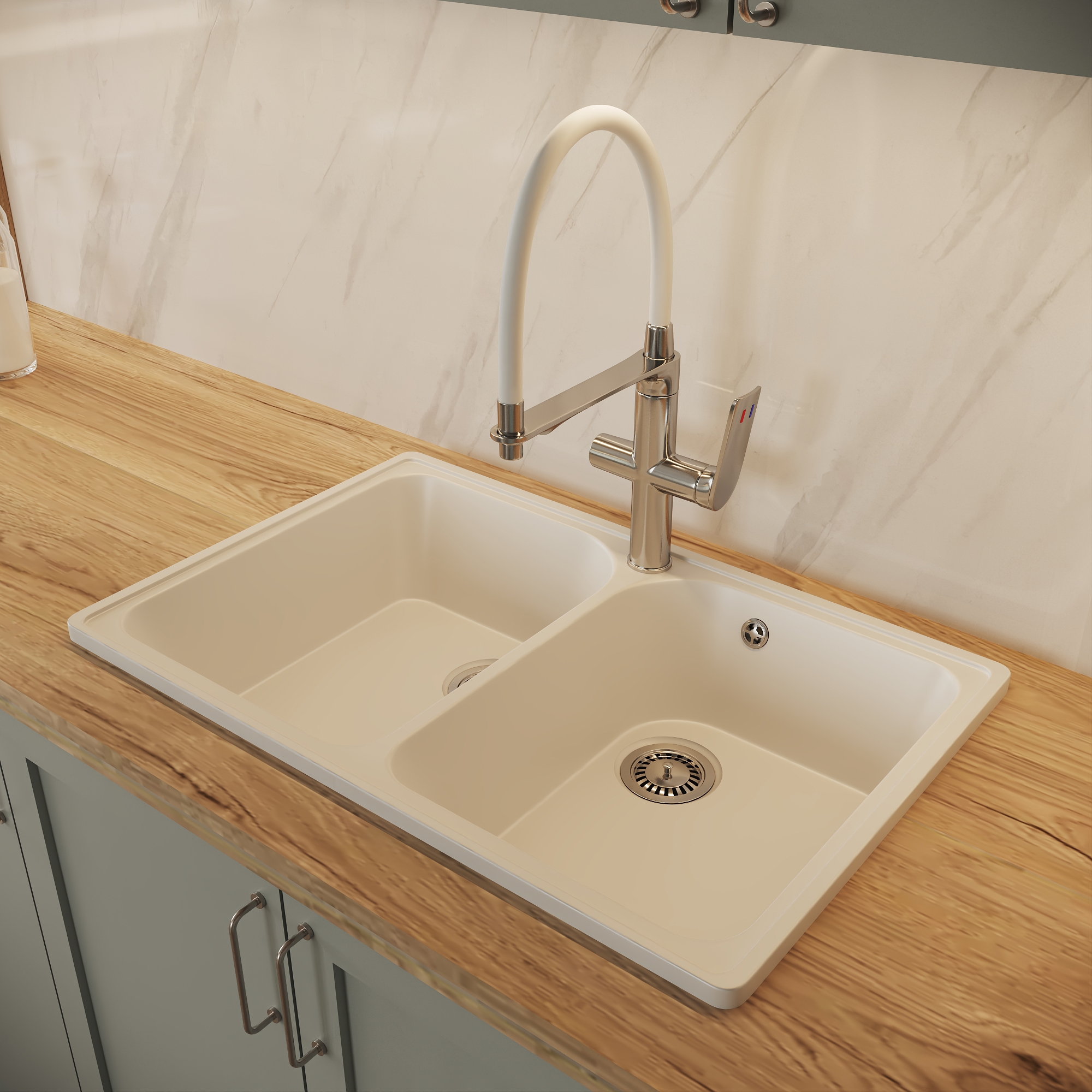 Изображение товара Мойка для кухни врезная Delinia 73.5x47.4 см глубина чаши 18 см кварц цвет белый