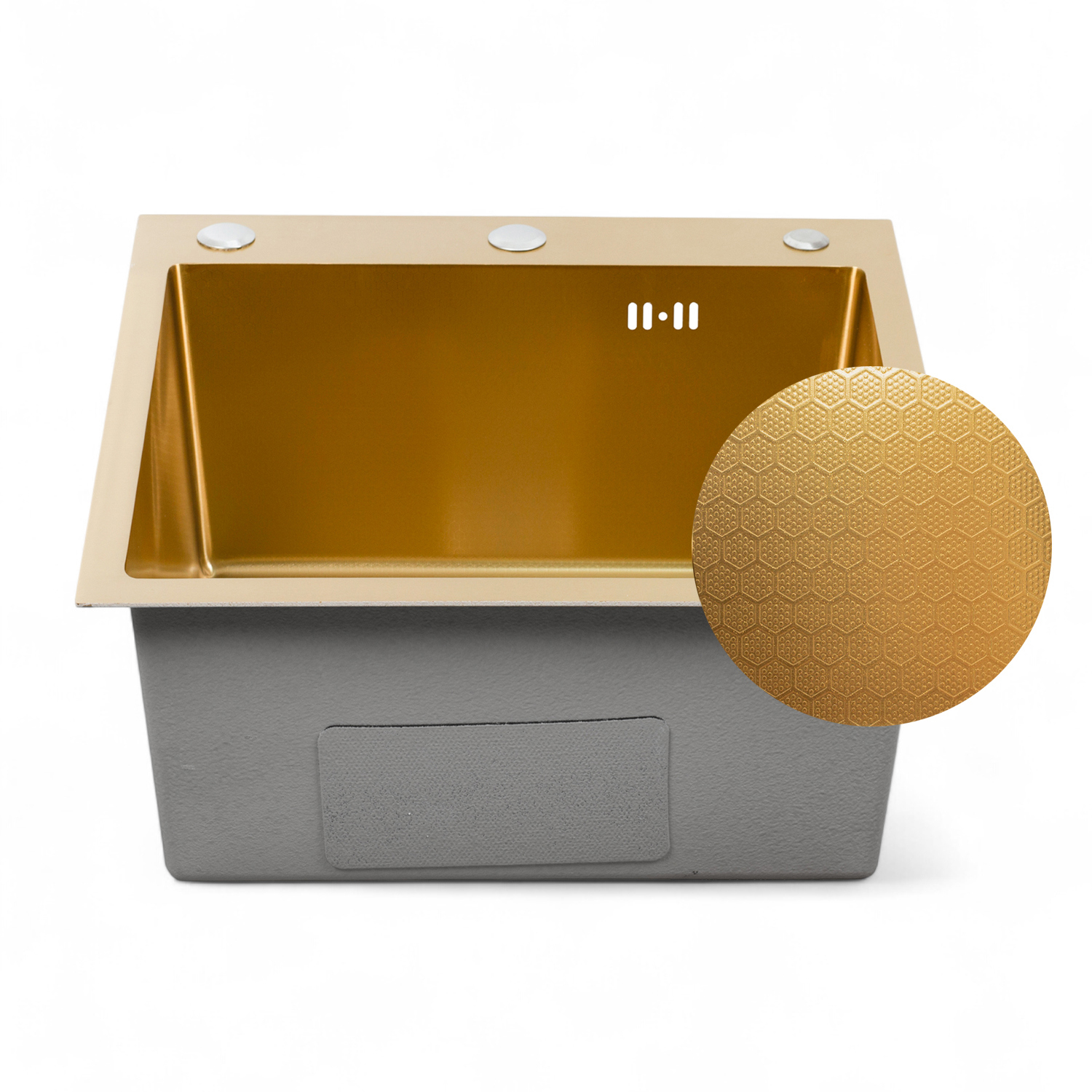 Изображение товара Врезная мойка Dikalan 50x50 см с дозатором, глубина 22 см, золотая