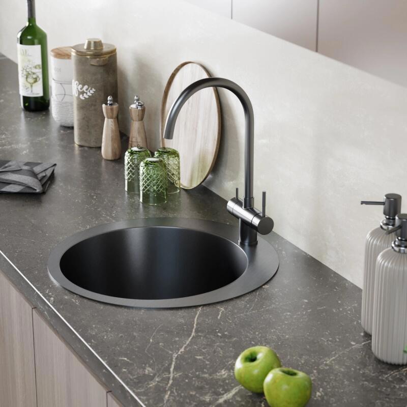 Изображение товара Мойка для кухни настольный монтаж D50 (3.0) вып 3 1/2 круглая TROPFBERG 20см с сифоном (черный графит)