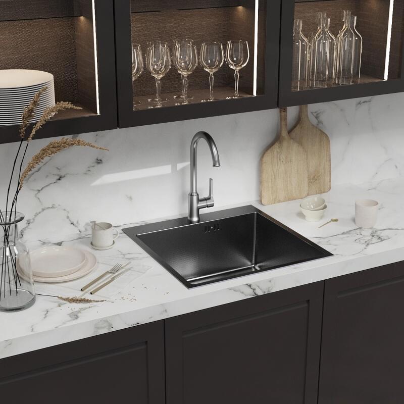Изображение товара Кухонная мойка из нержавеющей стали TROPFBERG 50х50 с сифоном черный графит рифленая