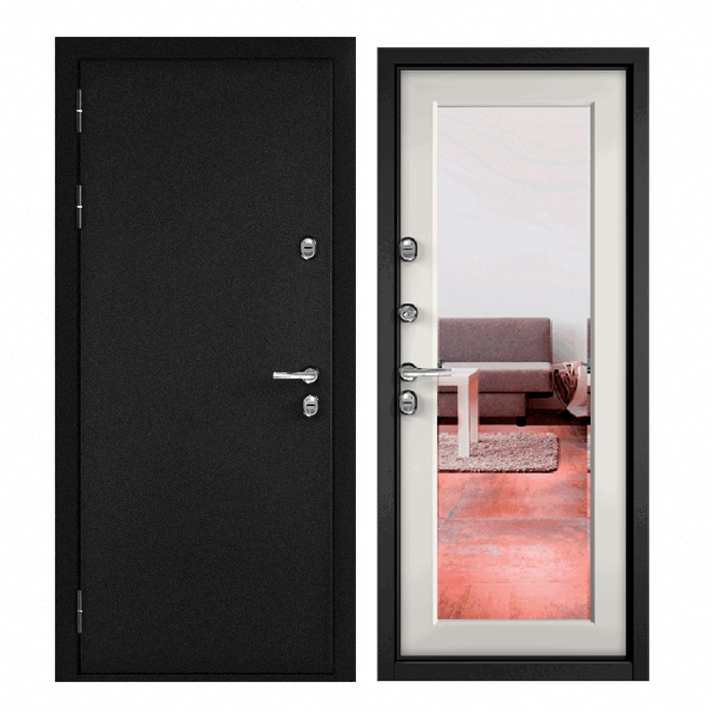 Изображение товара Входная дверь Buldoors Termo левый 205x86см цвет букле черный/арктик белый с зеркалом