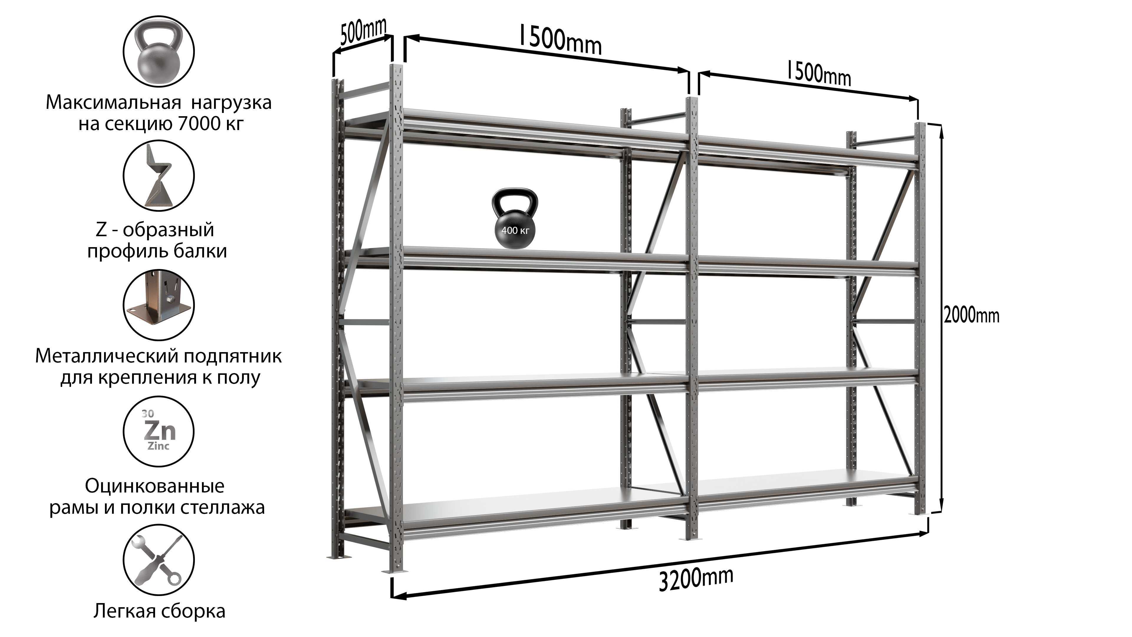 Изображение товара Стеллаж металлический Ironmebel 4 яруса 320x200x50 см нагрузка до 400 кг металл цвет серый
