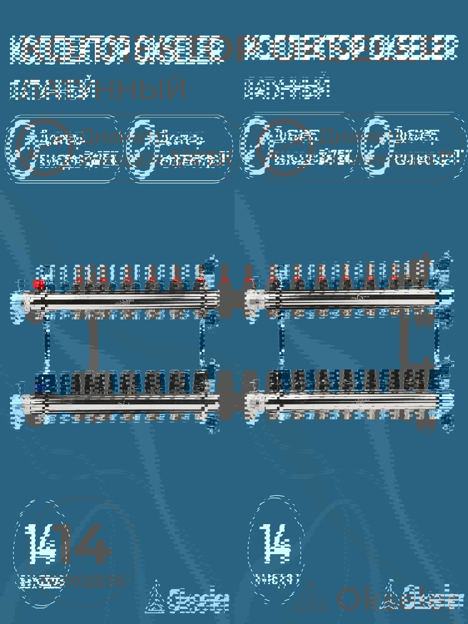Изображение товара Коллекторная группа с расходомерами Okseler Oks00709 1"x3/4" евроконус 14 выходов латунь