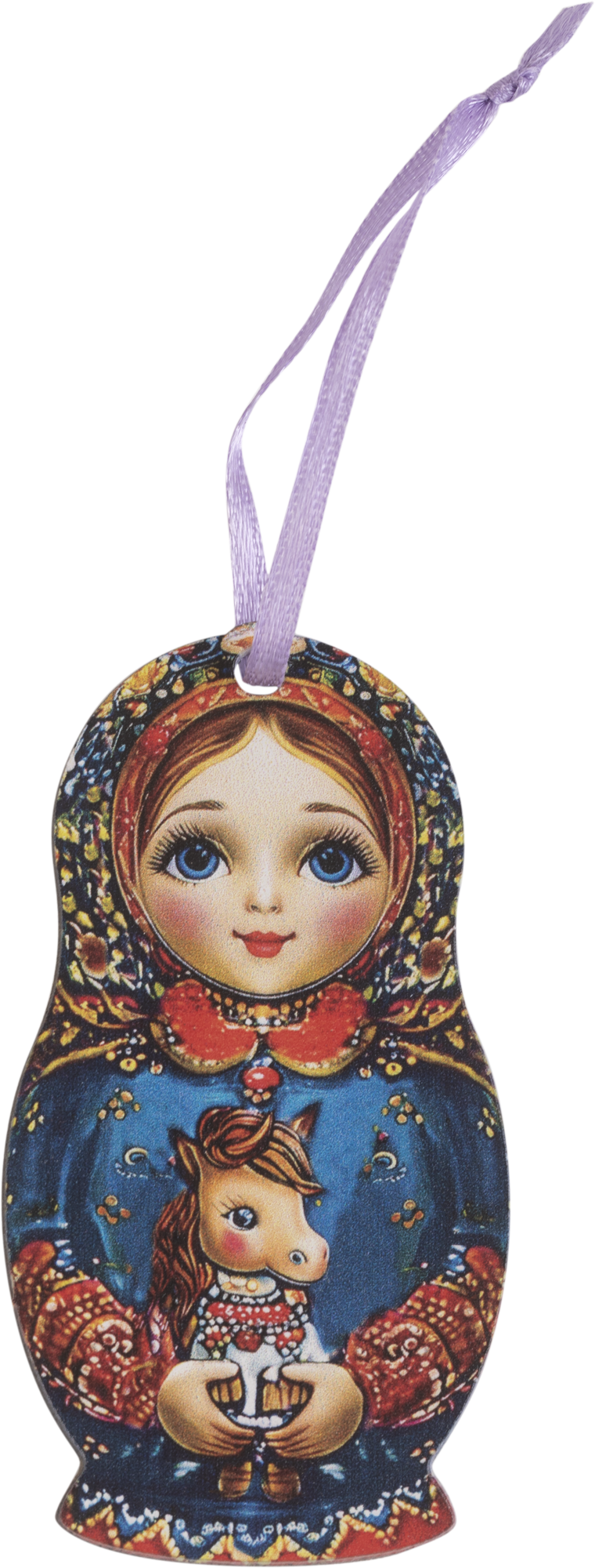 Изображение товара Елочная игрушка Домашняя кухня Матрешка с лошадкой дерево 8.8x4.8 см синий