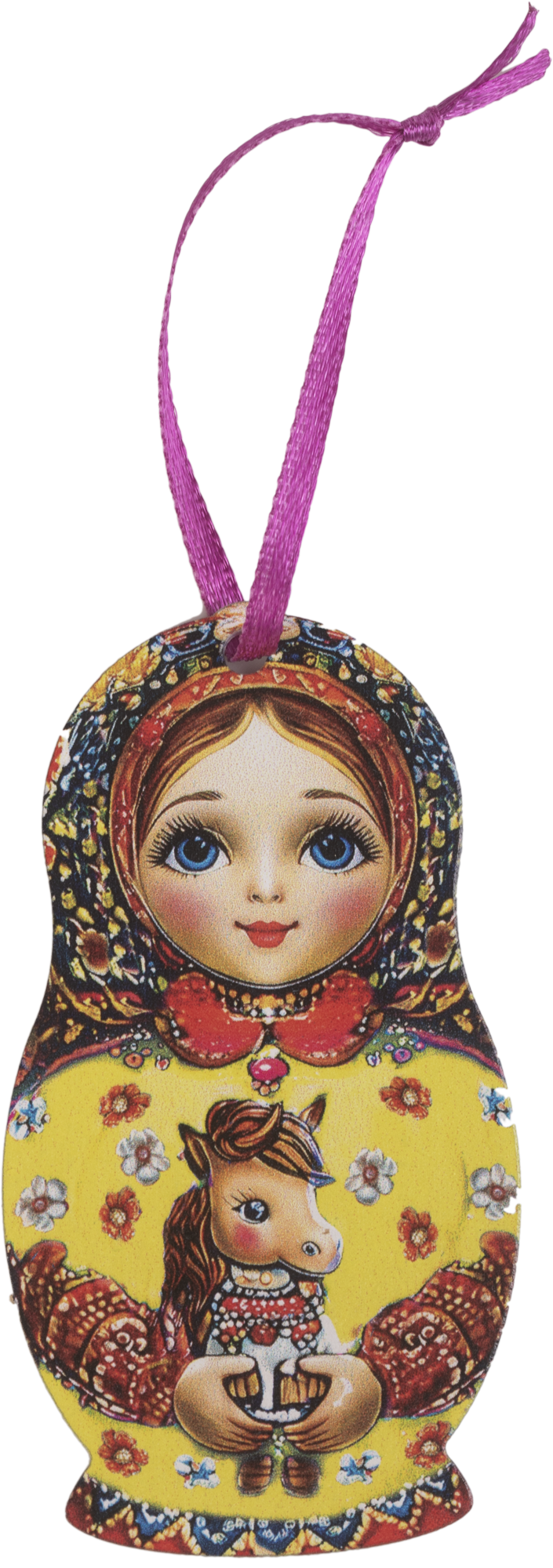 Изображение товара Елочная игрушка Домашняя кухня Матрешка с лошадкой 8.8х4.8 см дерево желтая