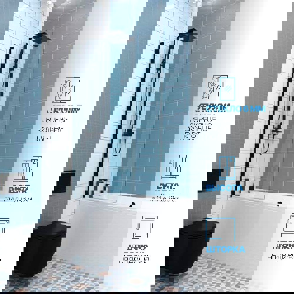 Изображение товара Шторка на ванну Gutewetter GWMPKB020P601N 50x148 см цвет фурнитуры черный матовый стекло бесцветное закаленное 6 мм