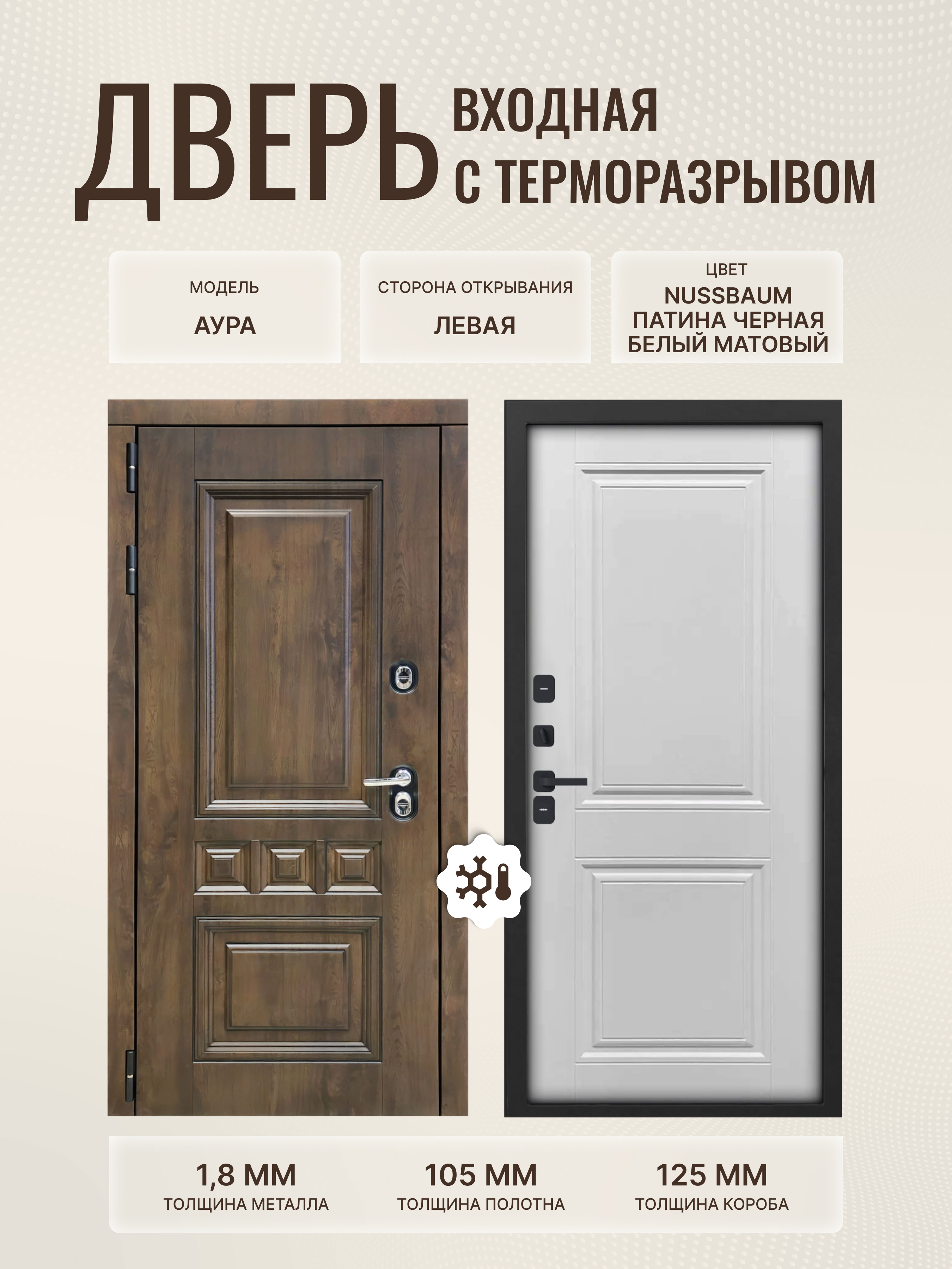 Изображение товара Входная дверь Дверипро Термо L Аура левый 205x96см цвет nussbaum патина черная/белый матовый