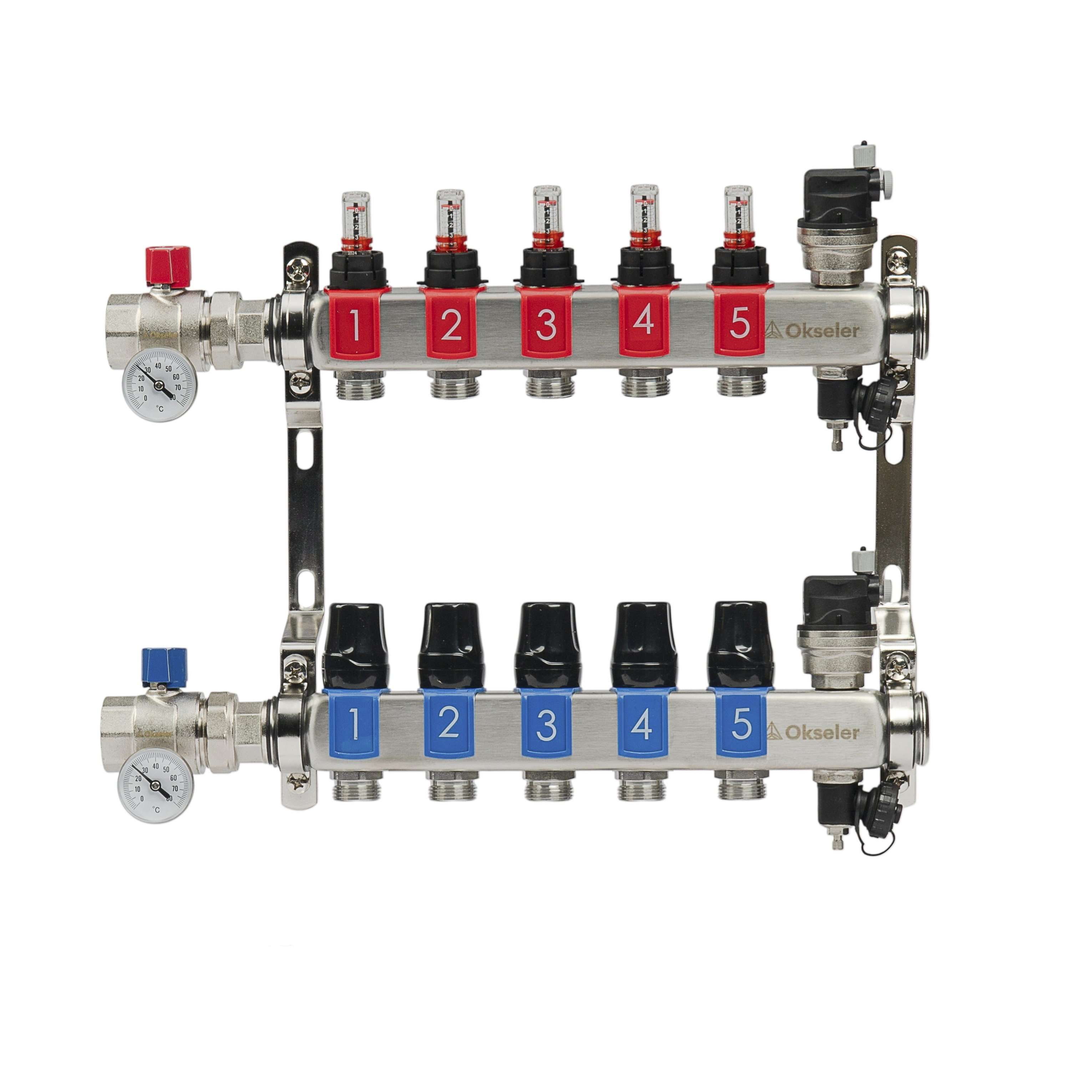 Изображение товара Коллекторная группа с расходомерами из нержавеющей стали 1x3/4 евроконус 5 выходов для отопления