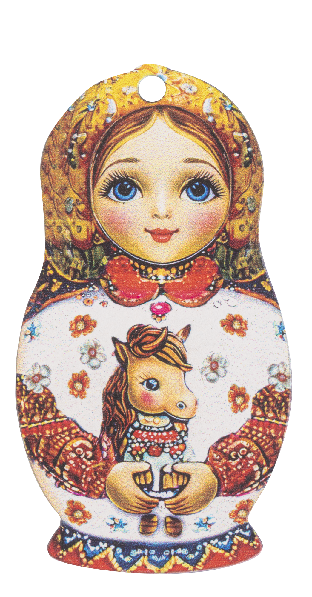 Изображение товара Елочная игрушка Домашняя кухня Матрешка с лошадкой 8.8x4.8 см дерево белая