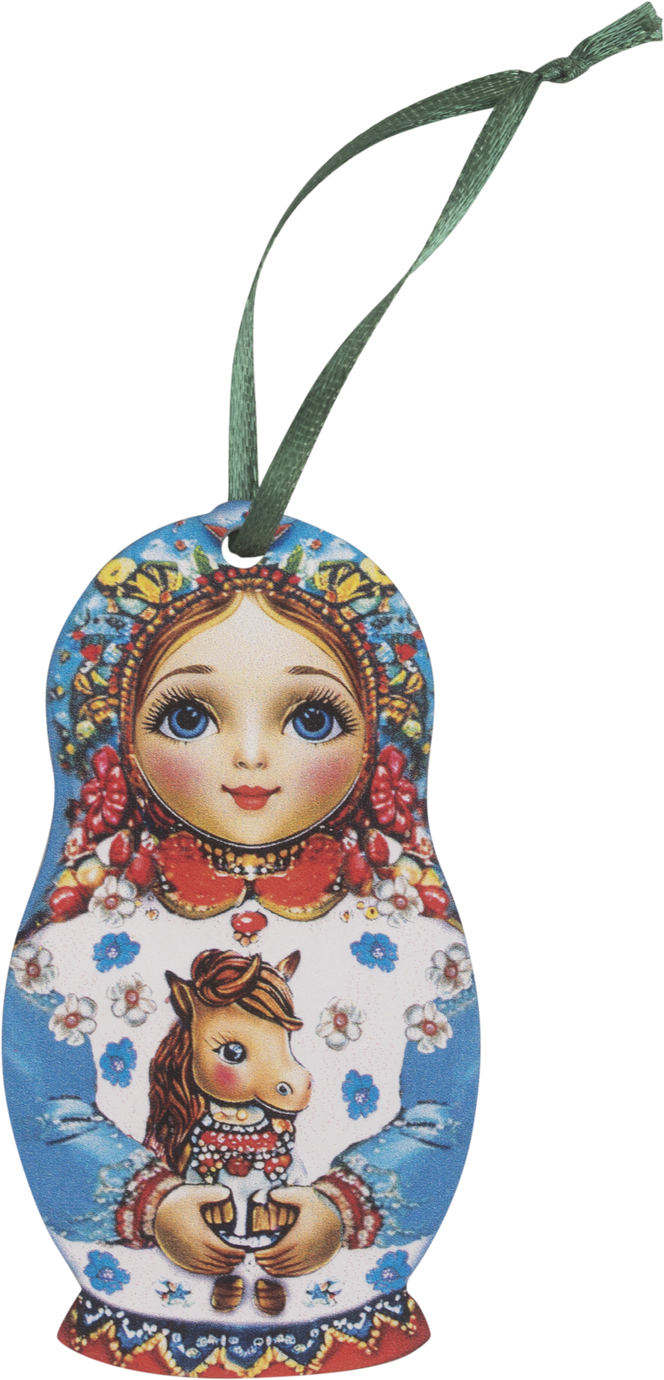 Изображение товара Деревянная елочная игрушка Матрешка с лошадкой 8.8х4.8 см голубой цвет Россия
