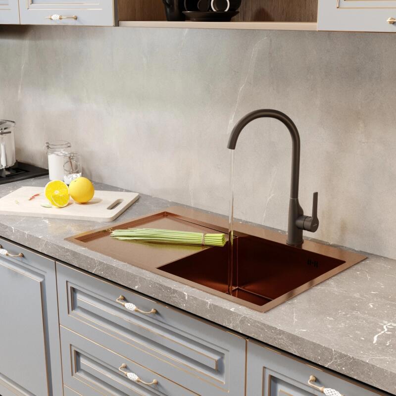 Изображение товара Мойка настольного монтажа 78х50 (3.0) правая. вып 3 1/2 TROPFBERG 20см с сифоном (бронза)