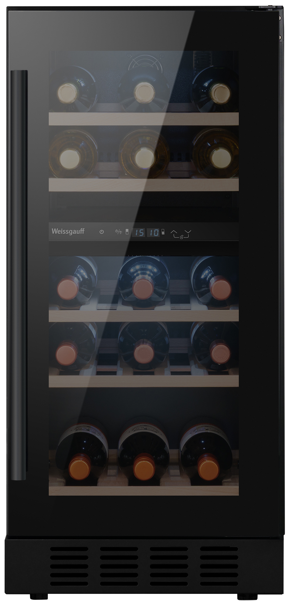 Изображение товара Встраиваемый винный шкаф Weissgauff 38х81.7х57 см черный с 26 бутылками и двойной зоной