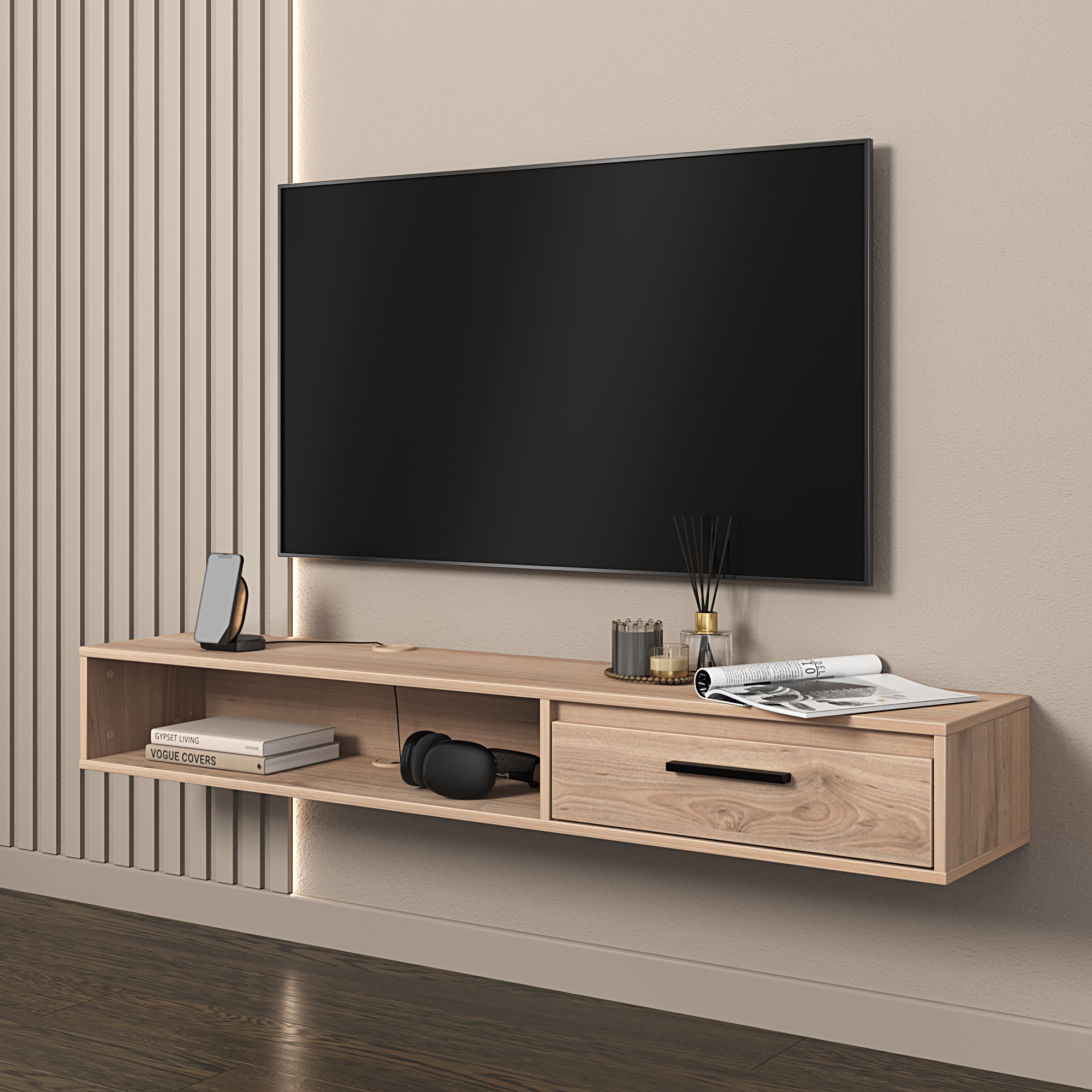 Изображение товара Тумба под телевизор Лион 150х20х30 см из ЛДСП цвет дуб современная подвесная мебель